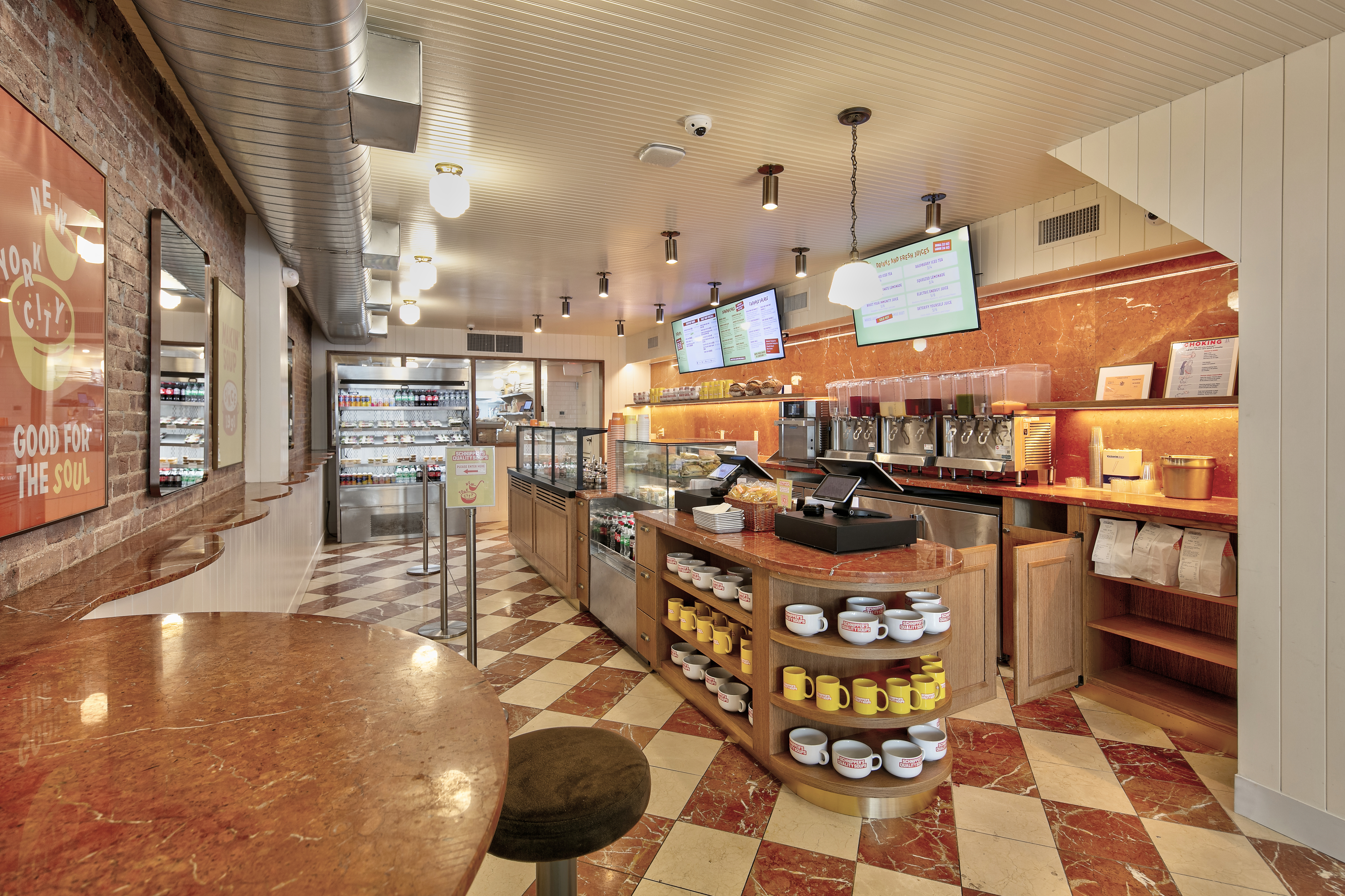 a dining room table in front of a building
