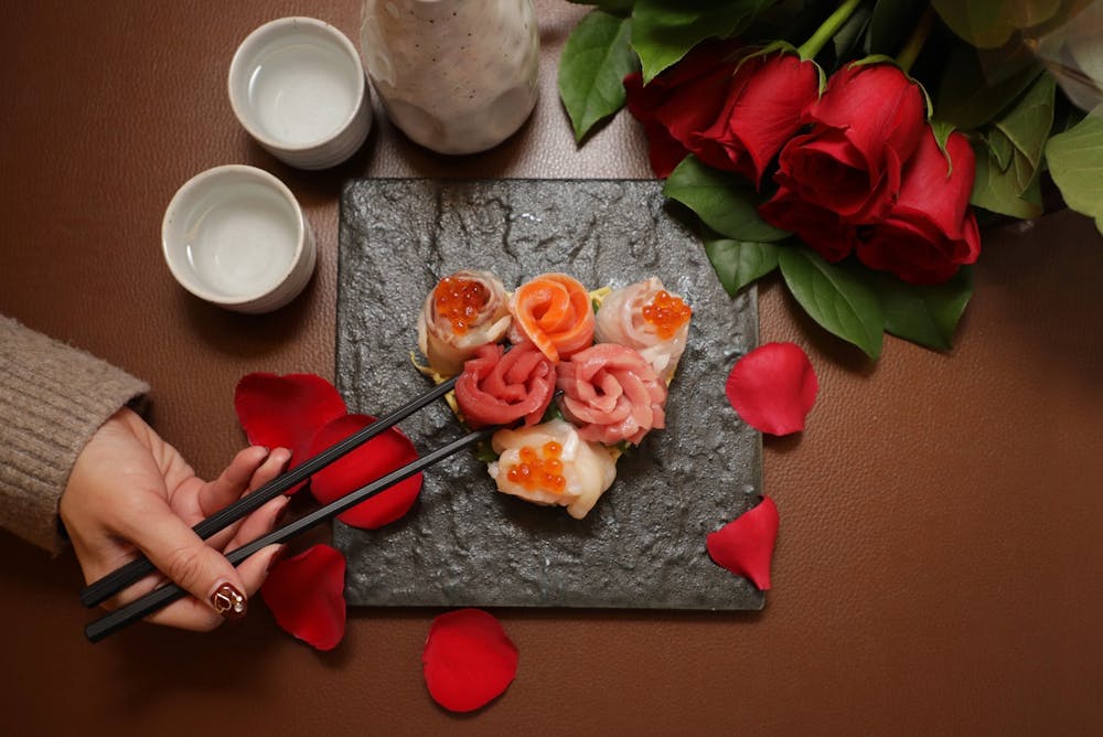 a red tray of food on a table