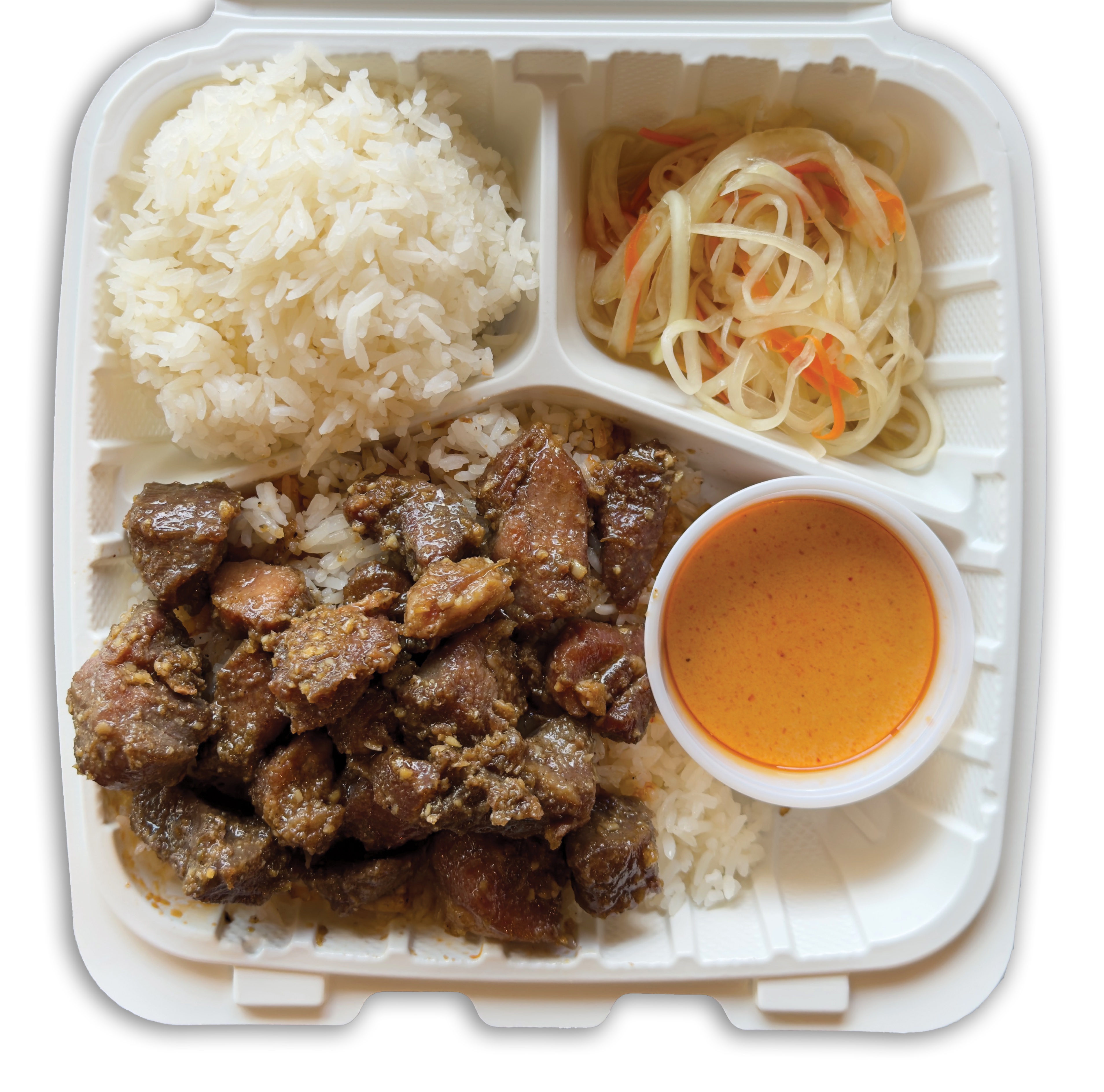 a plate of food with rice meat and vegetables in a cup