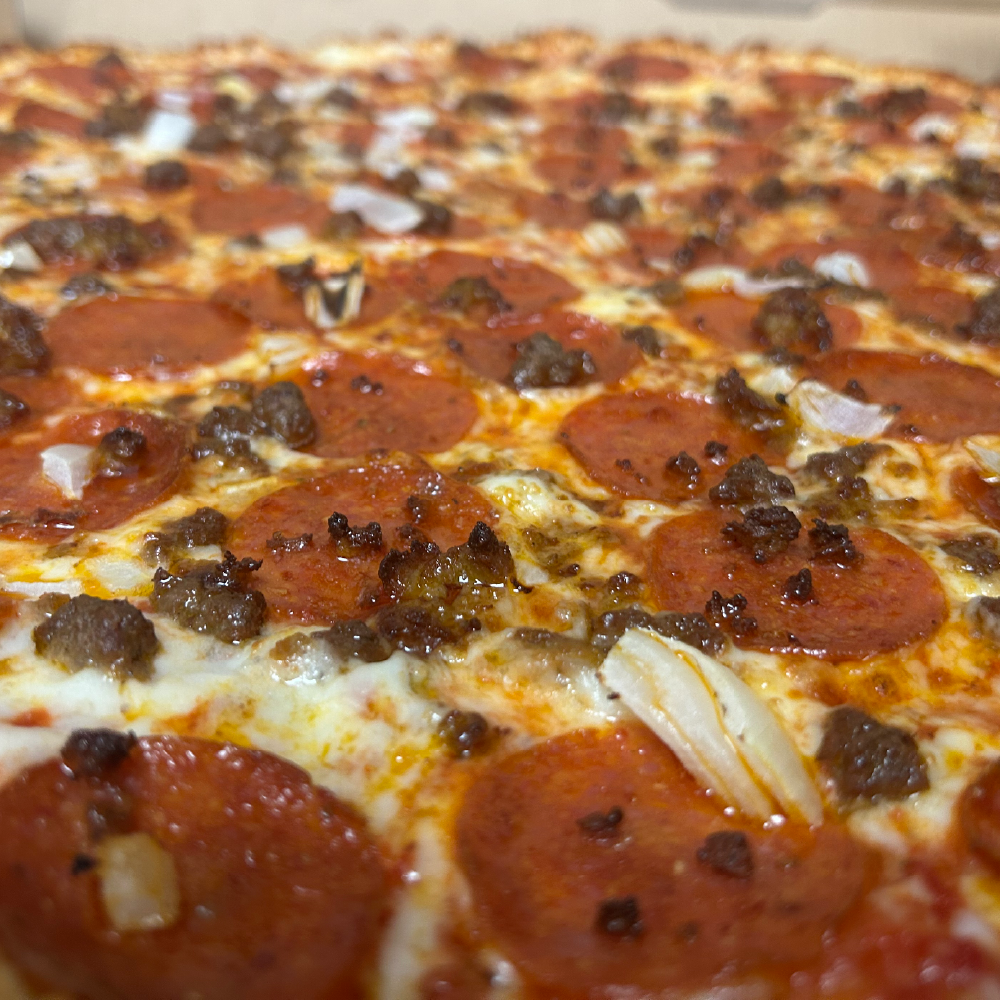 a closeup of a pizza