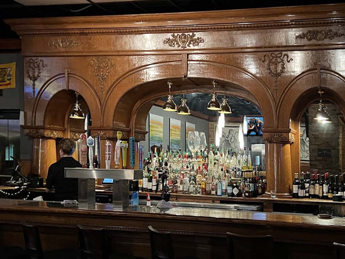 a kitchen with a large window