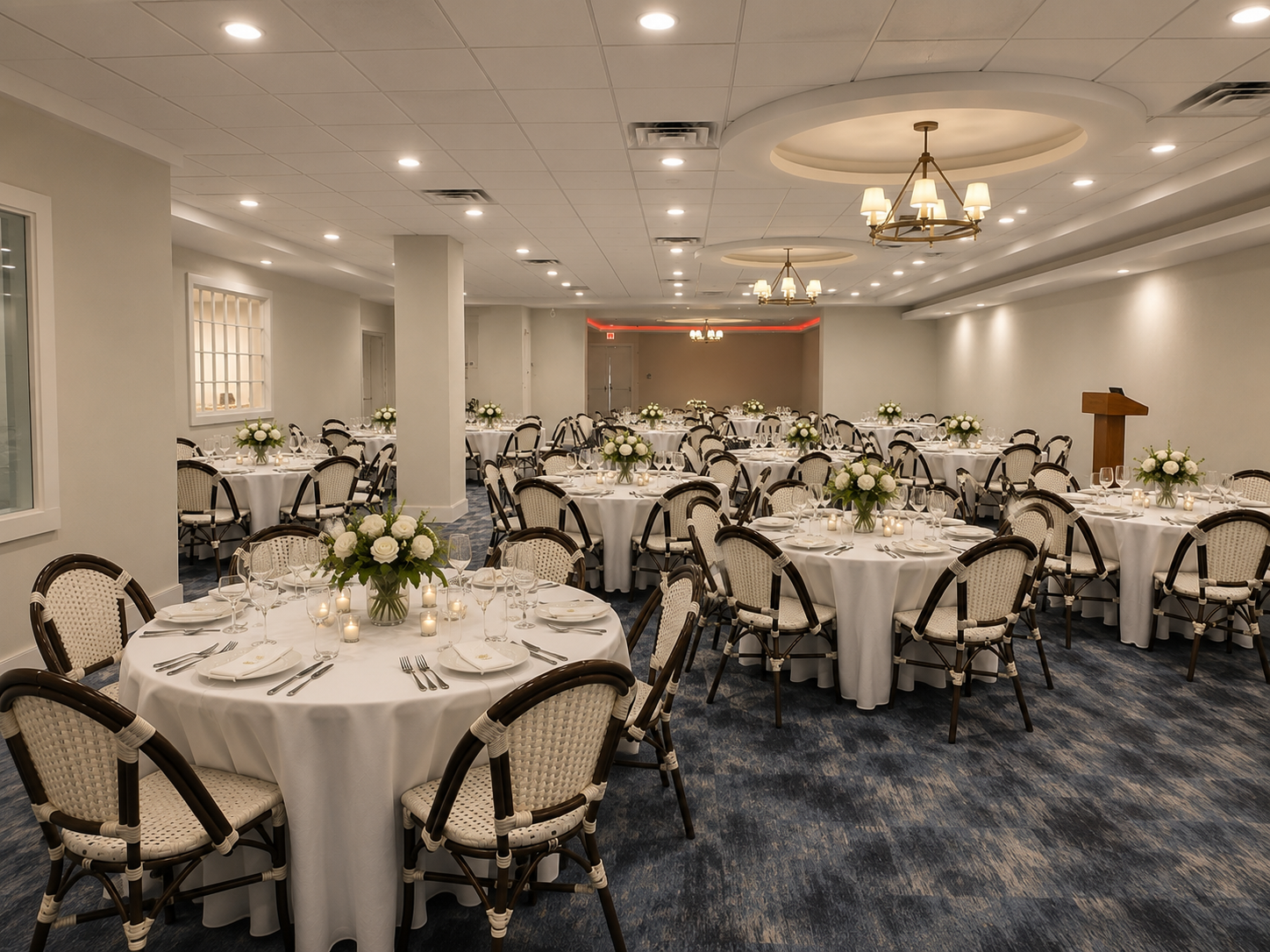 a room with tables and chairs