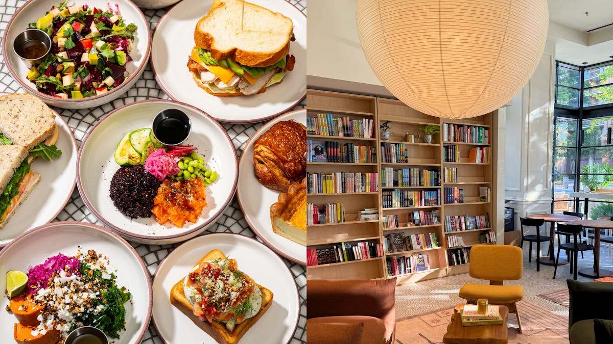 a plate is filled with different types of food on a table