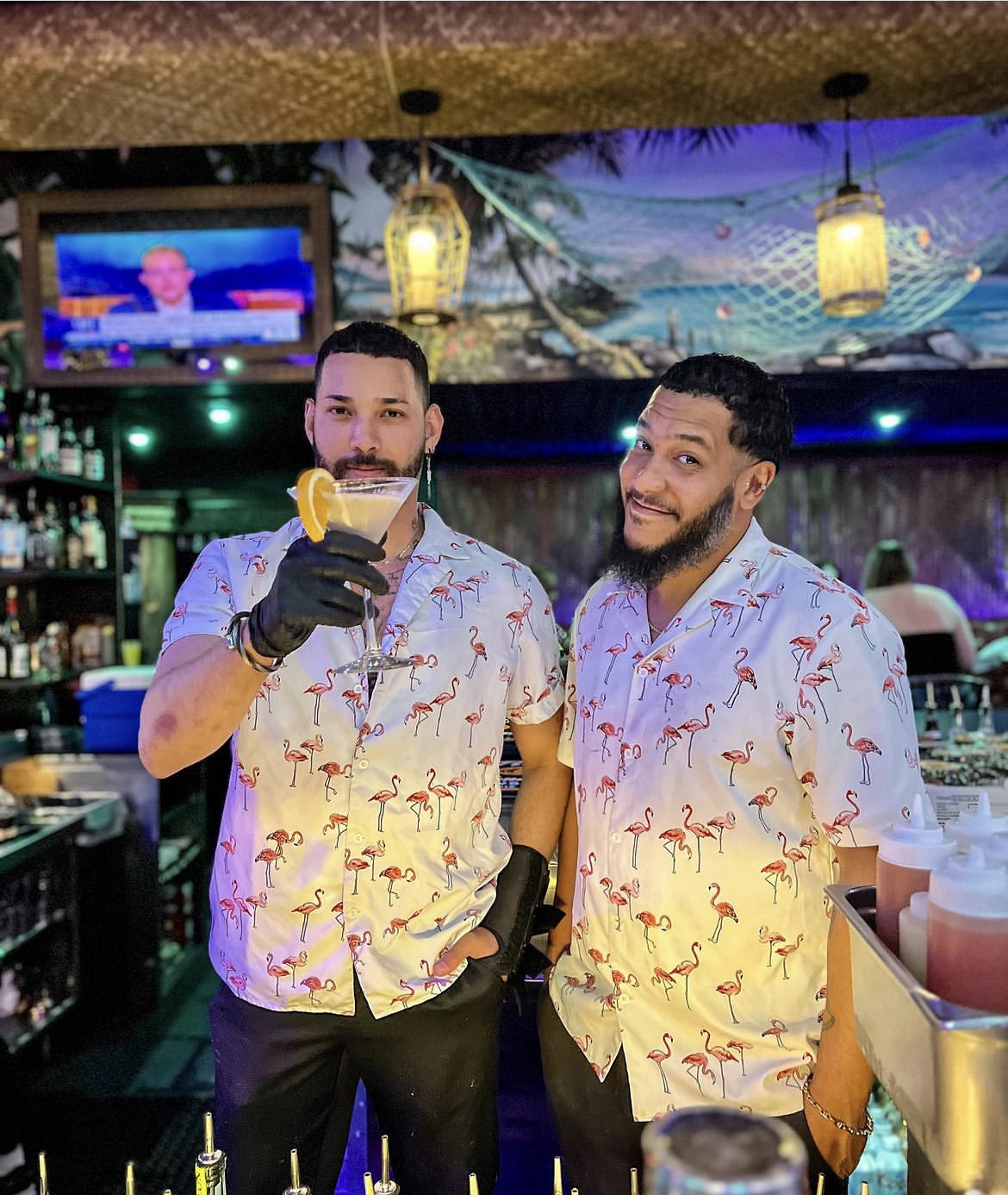 a group of people standing in a room