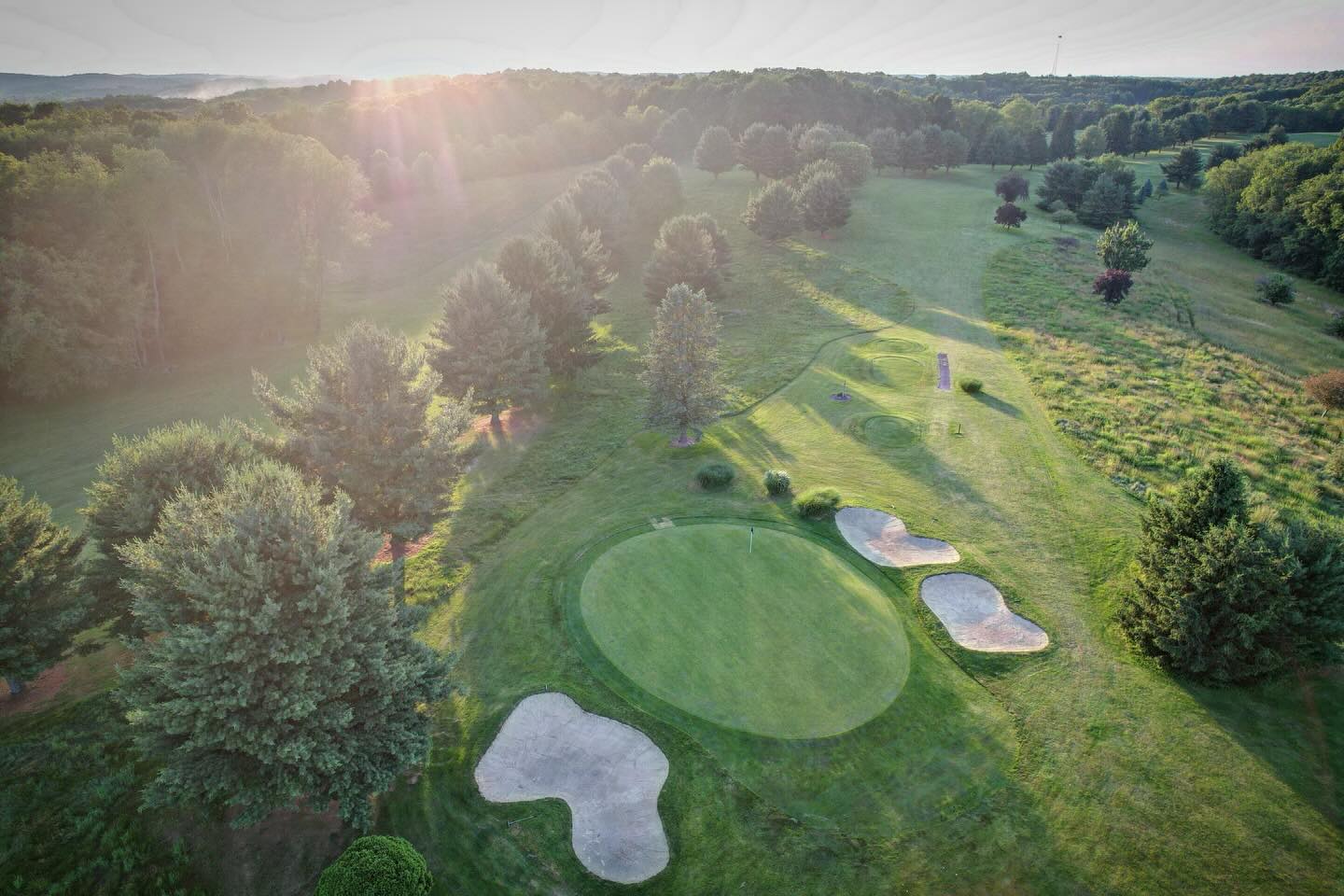 a large green field with trees in the background