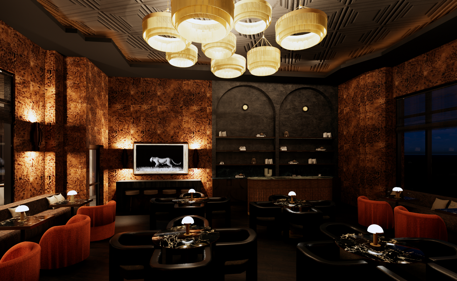 a room filled with furniture and a table in a restaurant