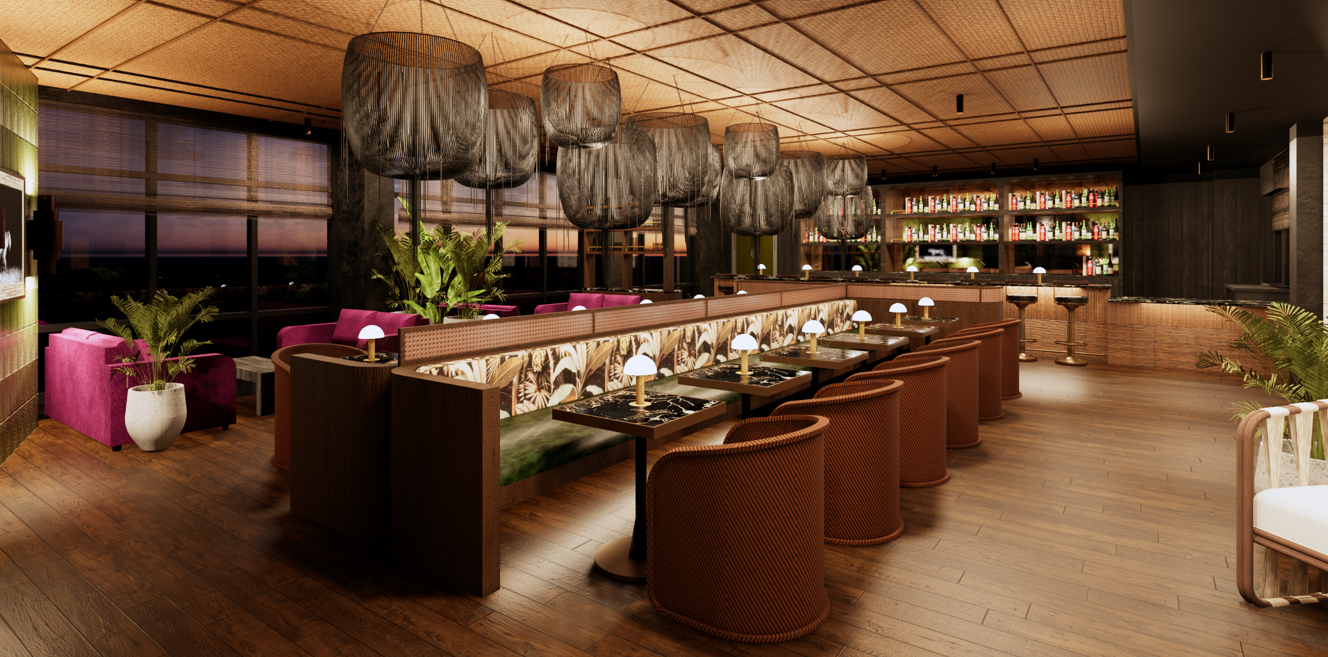 a room filled with furniture and a large building