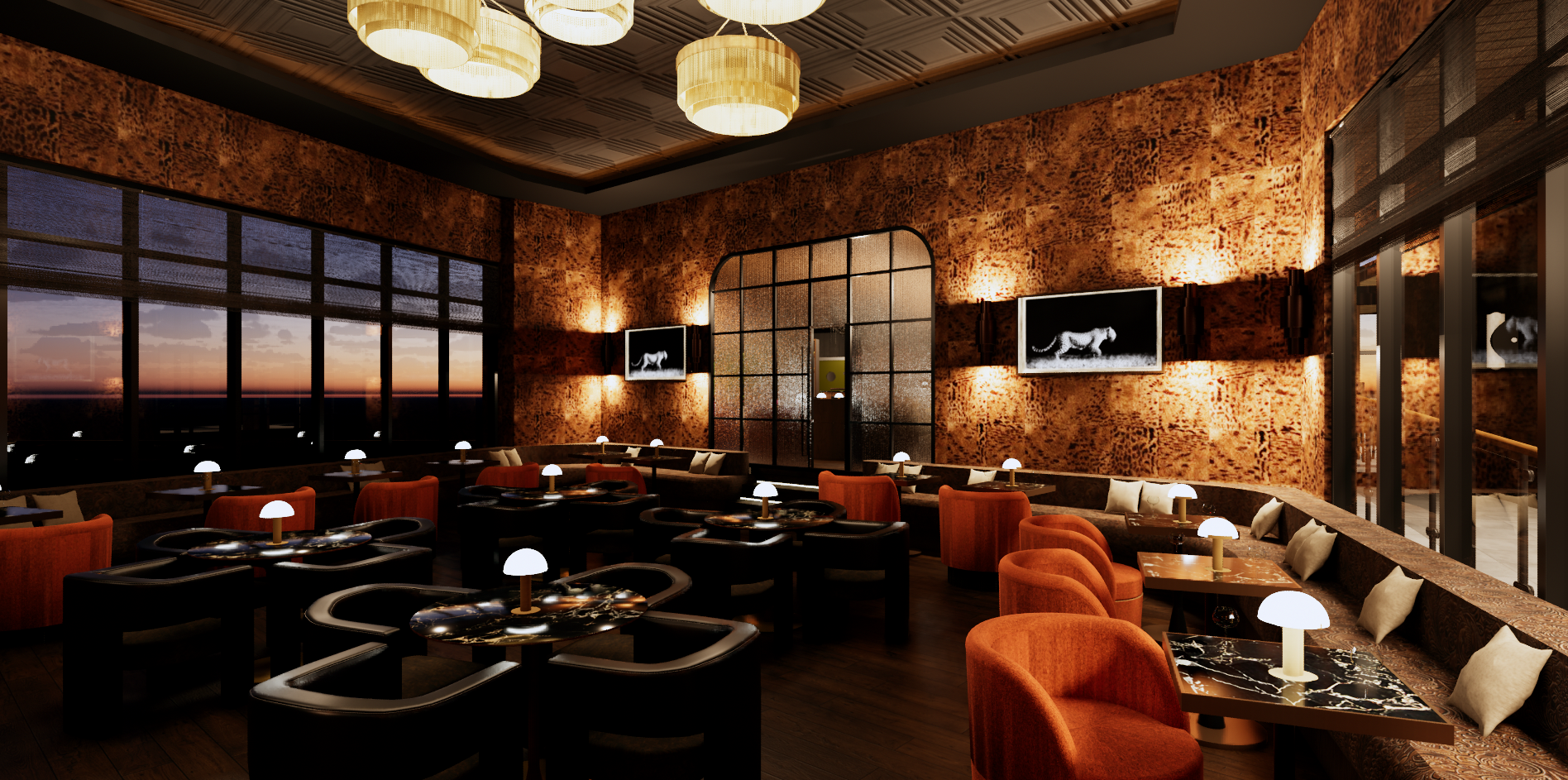 a room filled with furniture and a large window