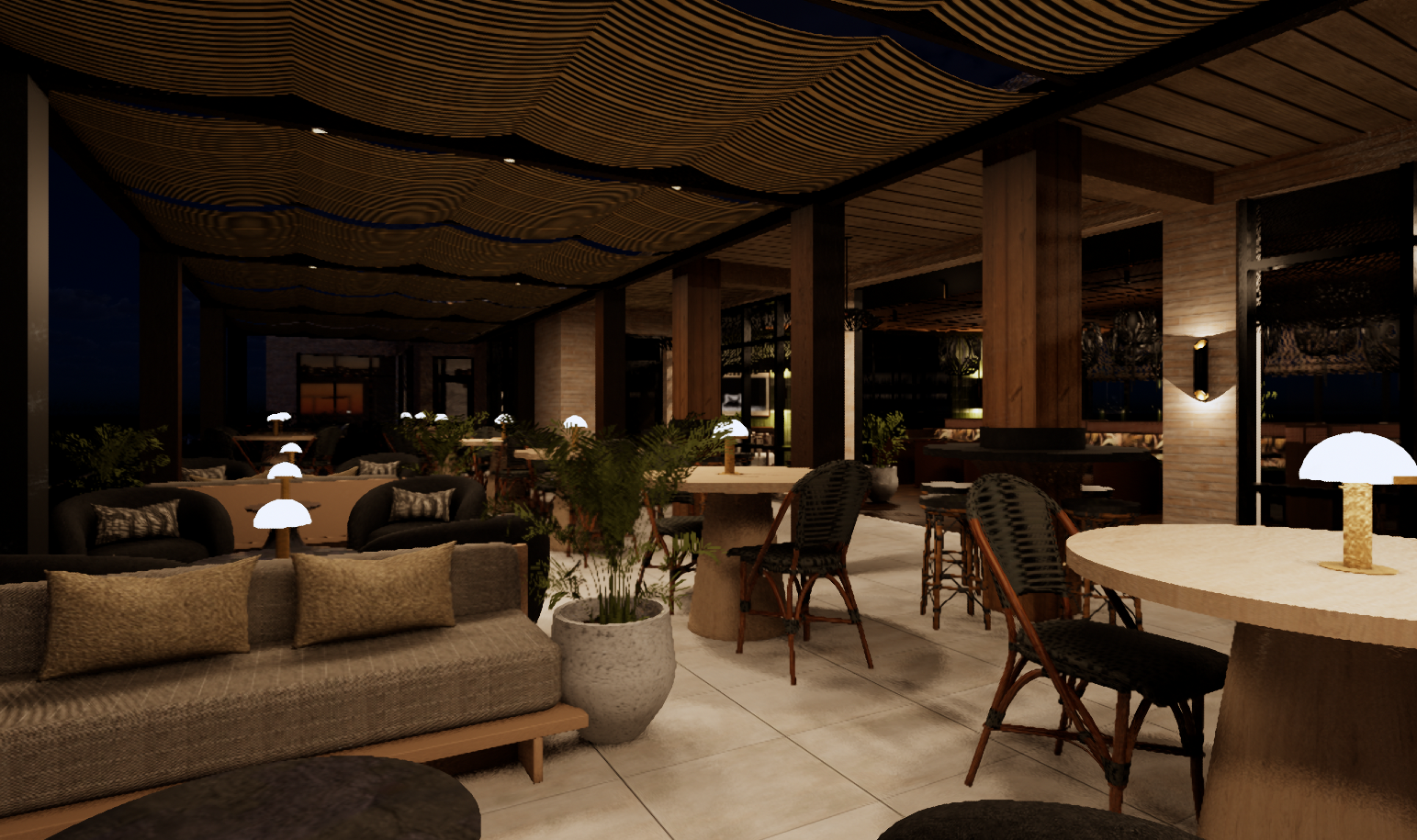 a living room filled with furniture and a large window