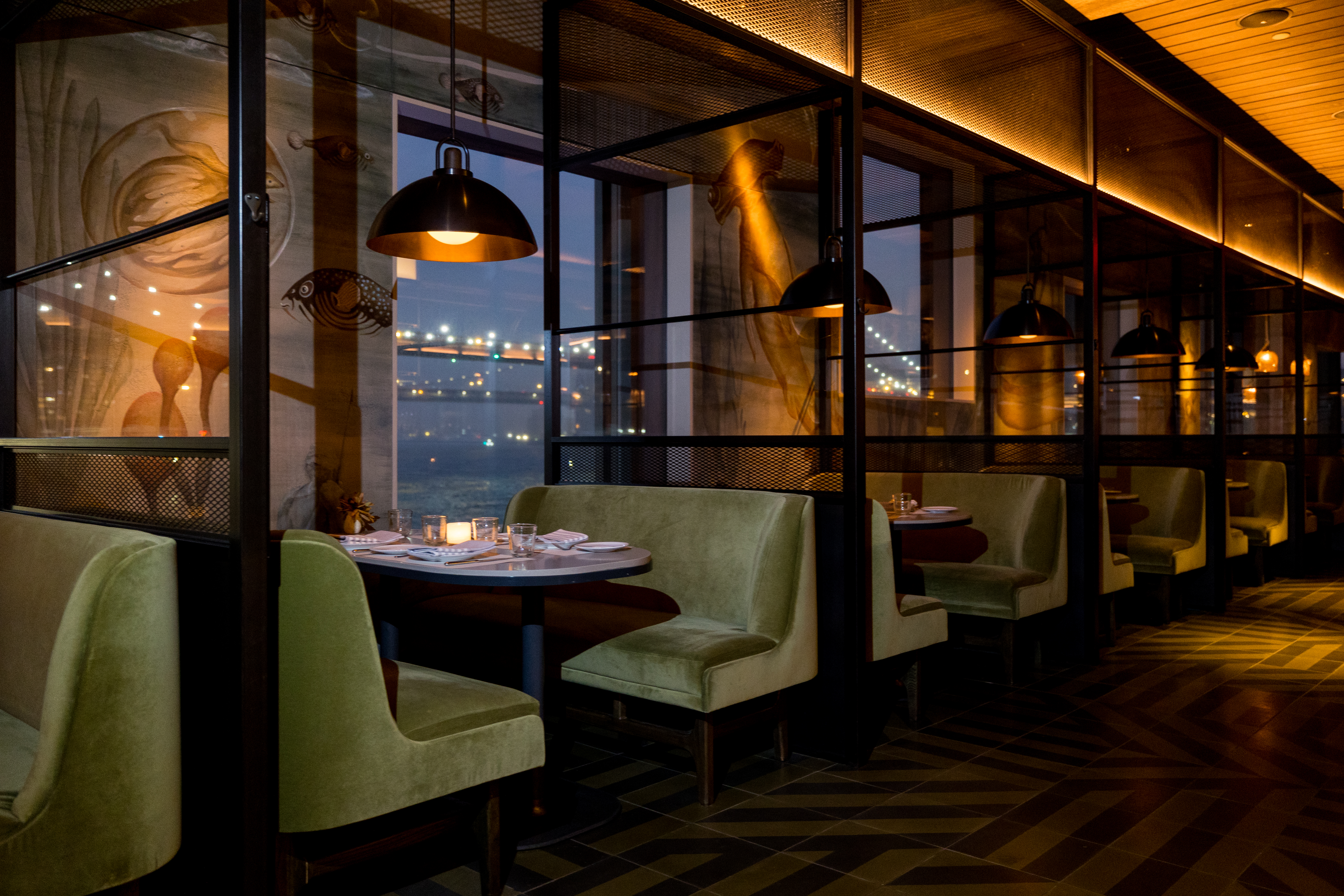 a room with a table in a restaurant