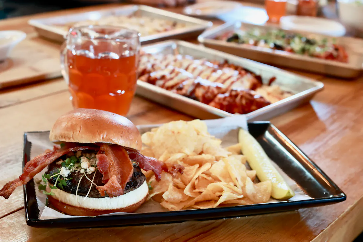 a plate of food on a wooden table