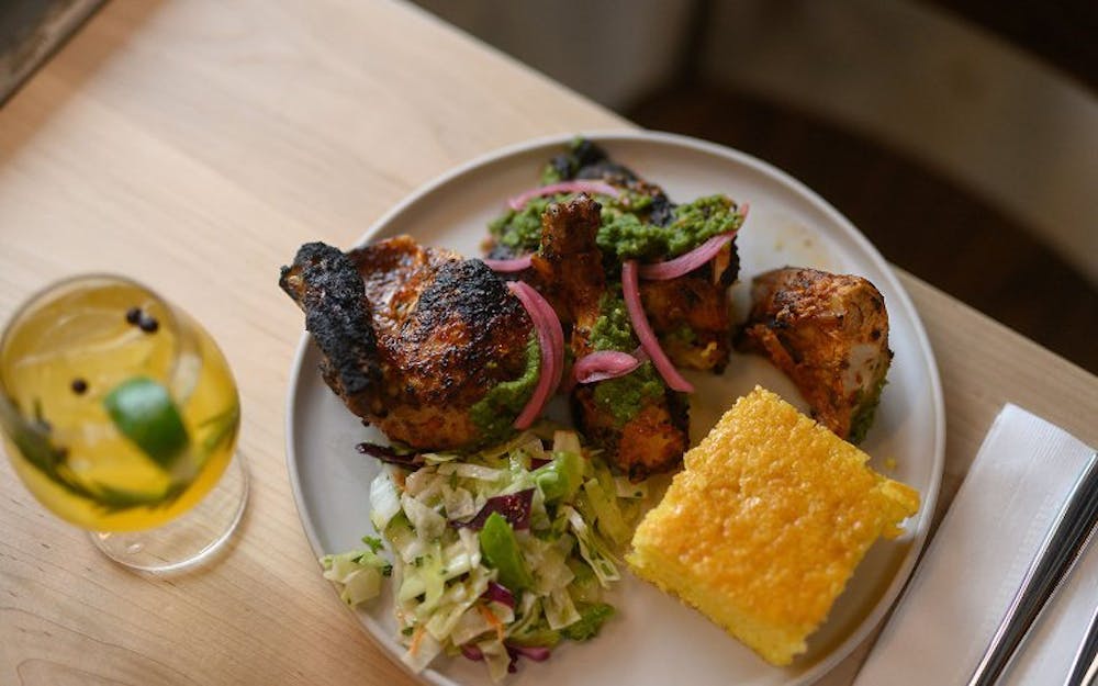 Hometown Barbecue's grilled meat, cornbread and salad