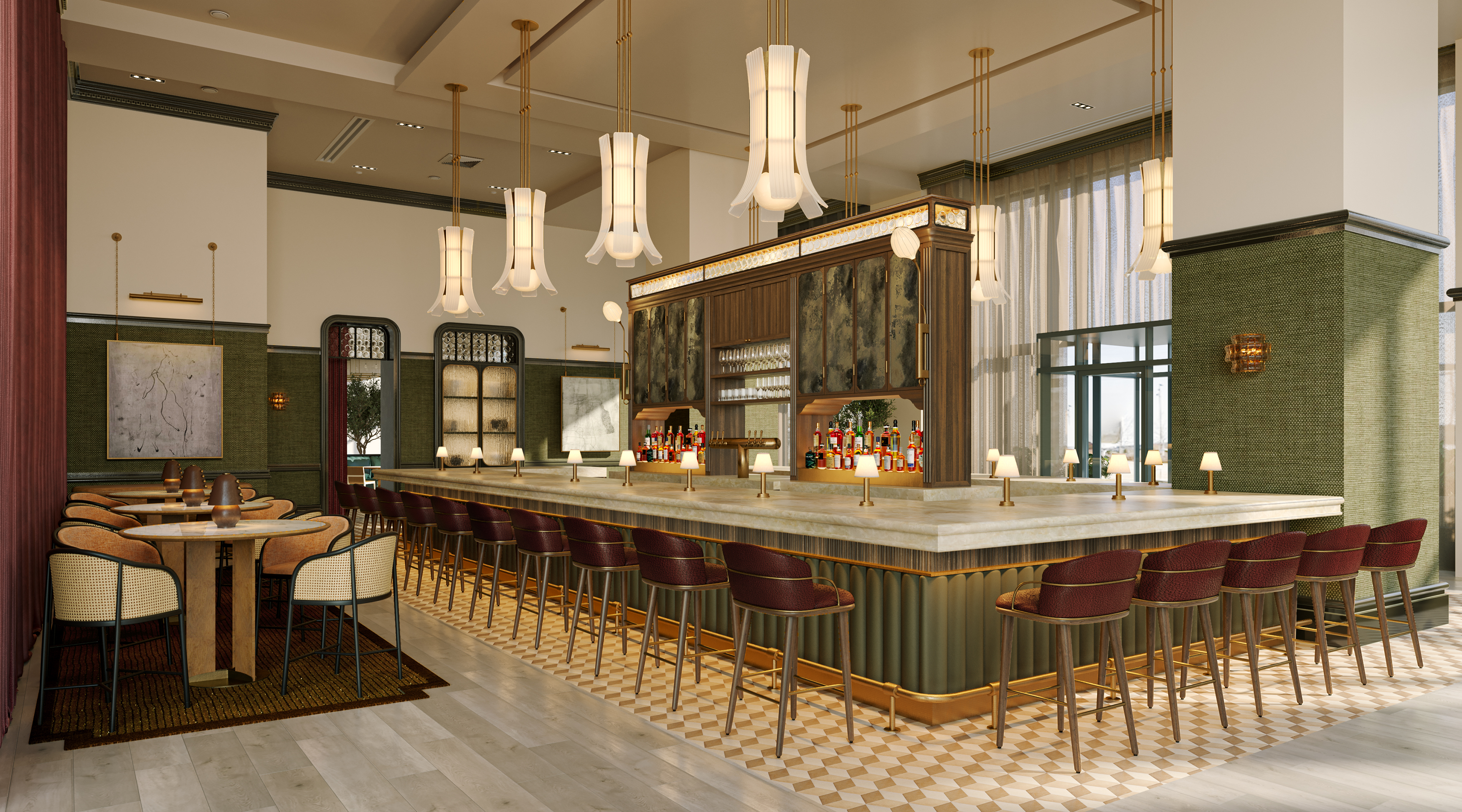 a bar with chairs and a long counter