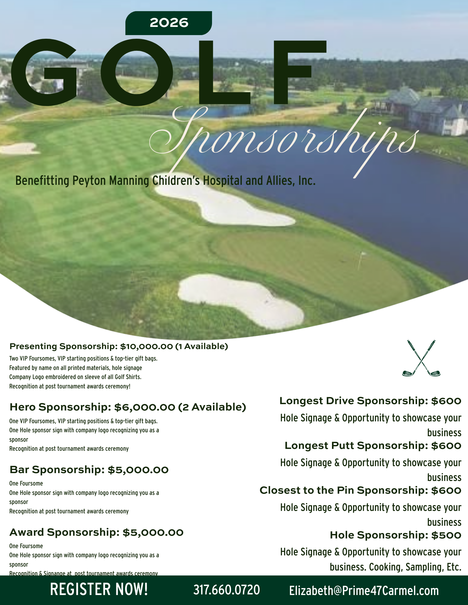 a golf advertisement with a river and a house