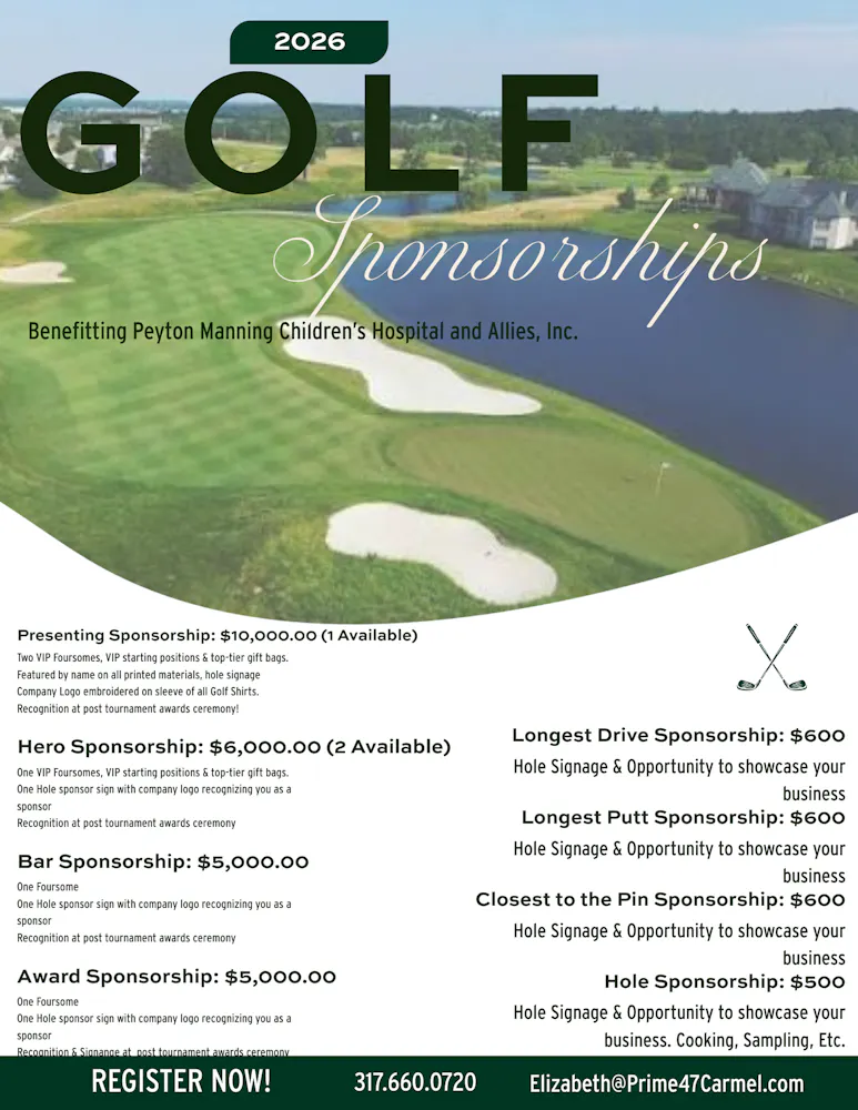 a golf advertisement with a river and a house