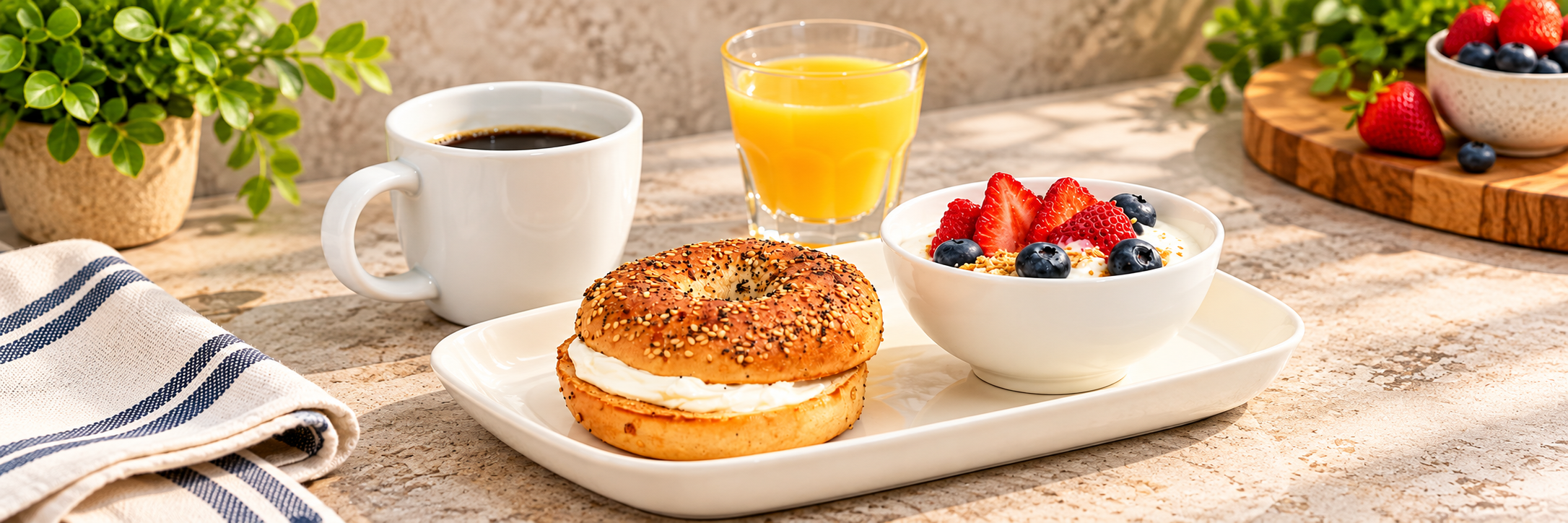 Cos&igrave; breakfast catering with coffee, orange juice, a bagel, and a yogurt parfait