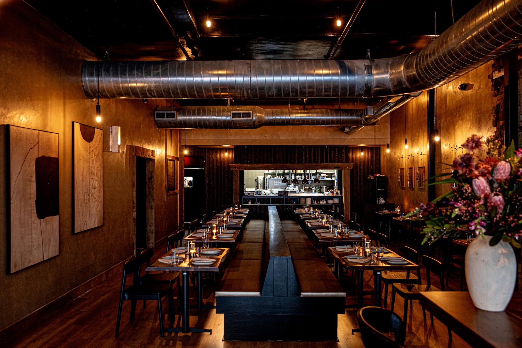 a dining room table in front of a building