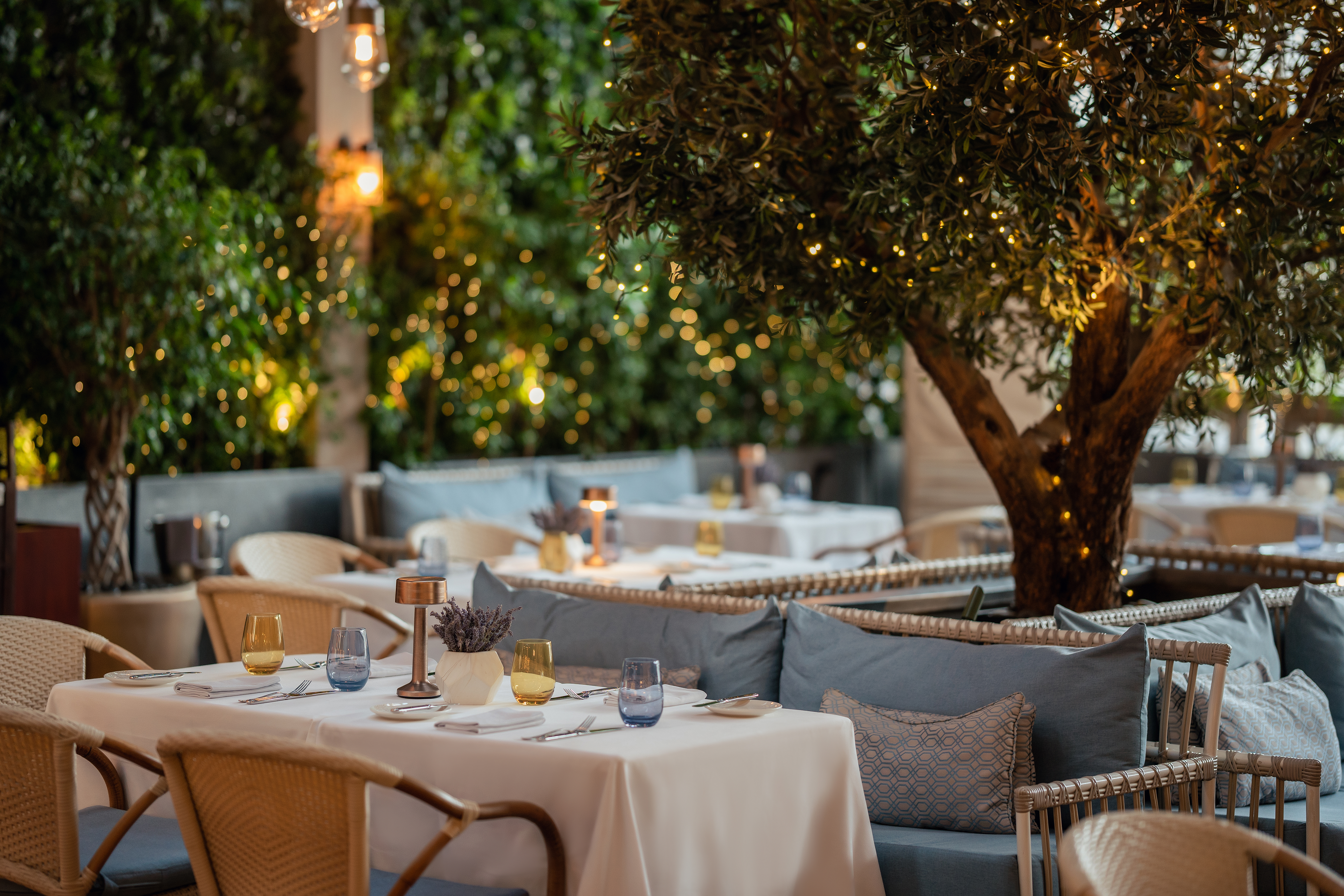 a terrace with chairs and tables