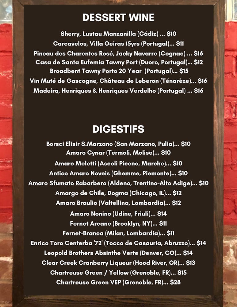 Dessert & Digestifs list call for more info