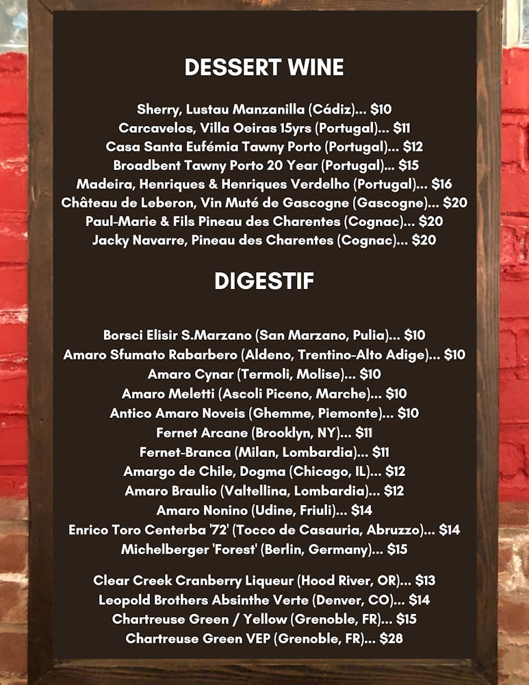 Dessert & Digestifs list call for more info