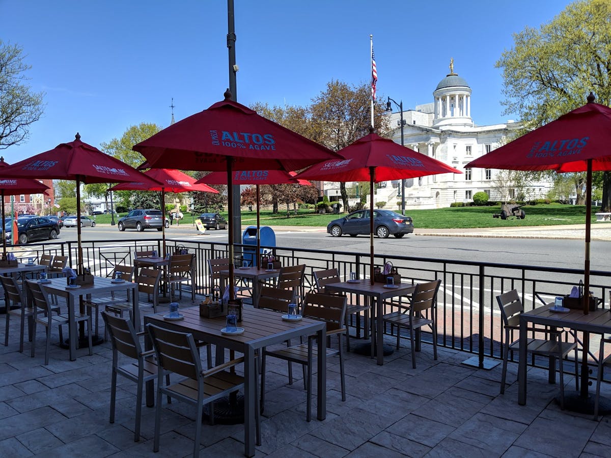 tables with umbrellas