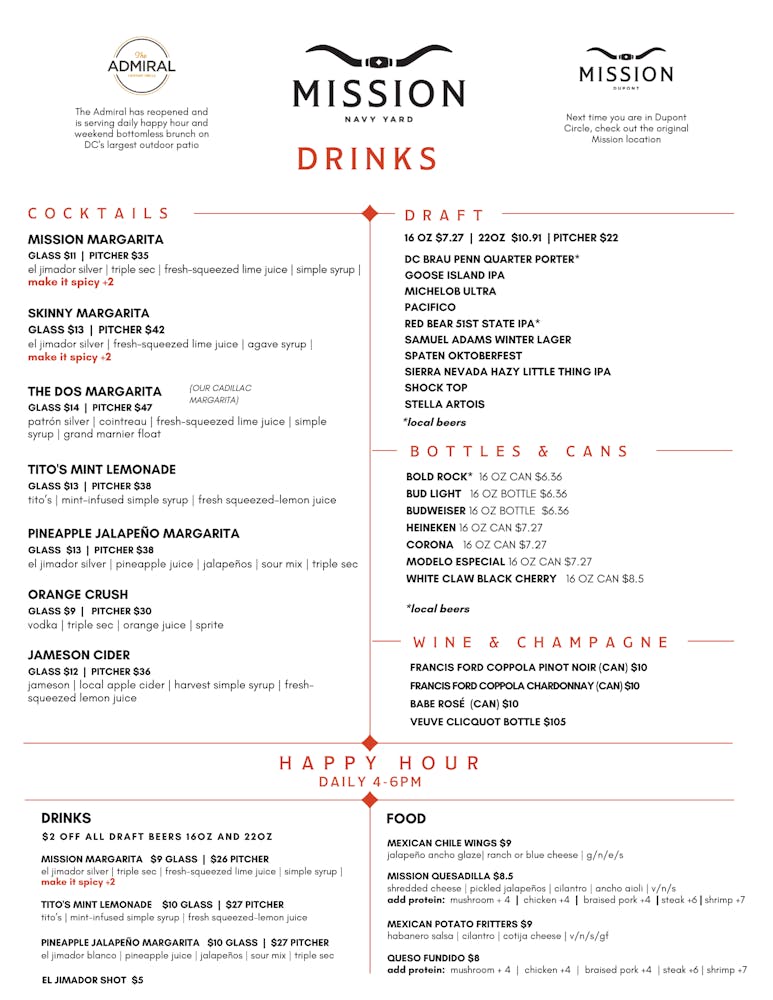 Menus Mission Navy Yard in Washington, DC