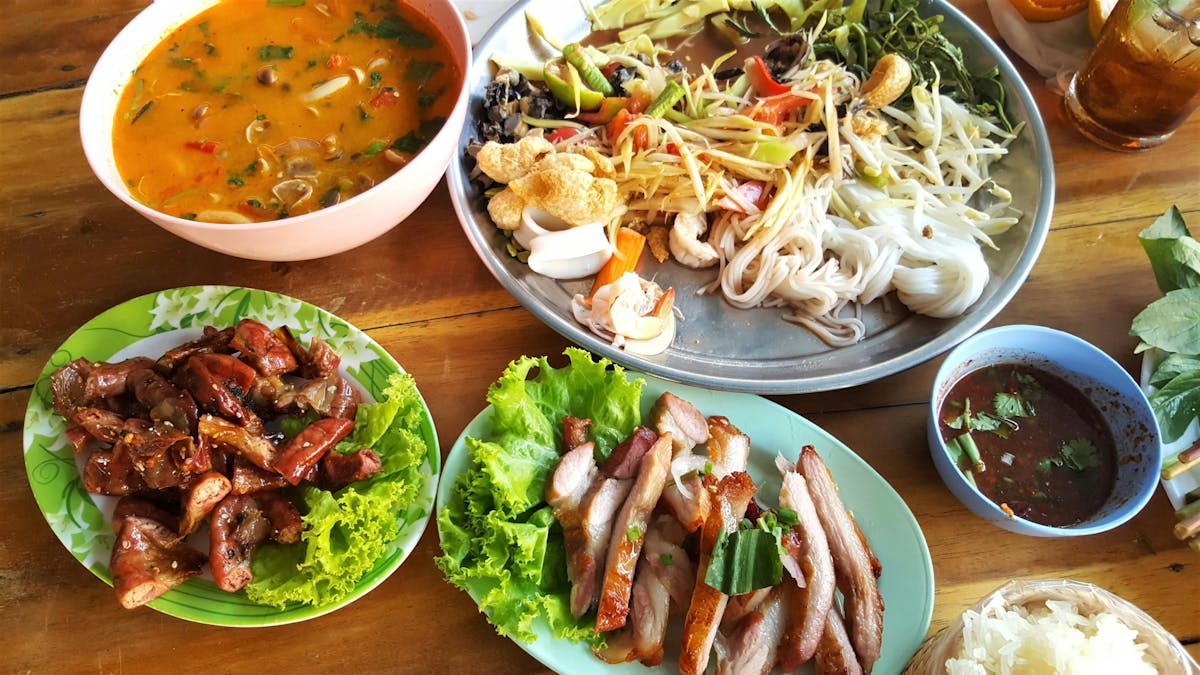 a bunch of food on a plate on a table