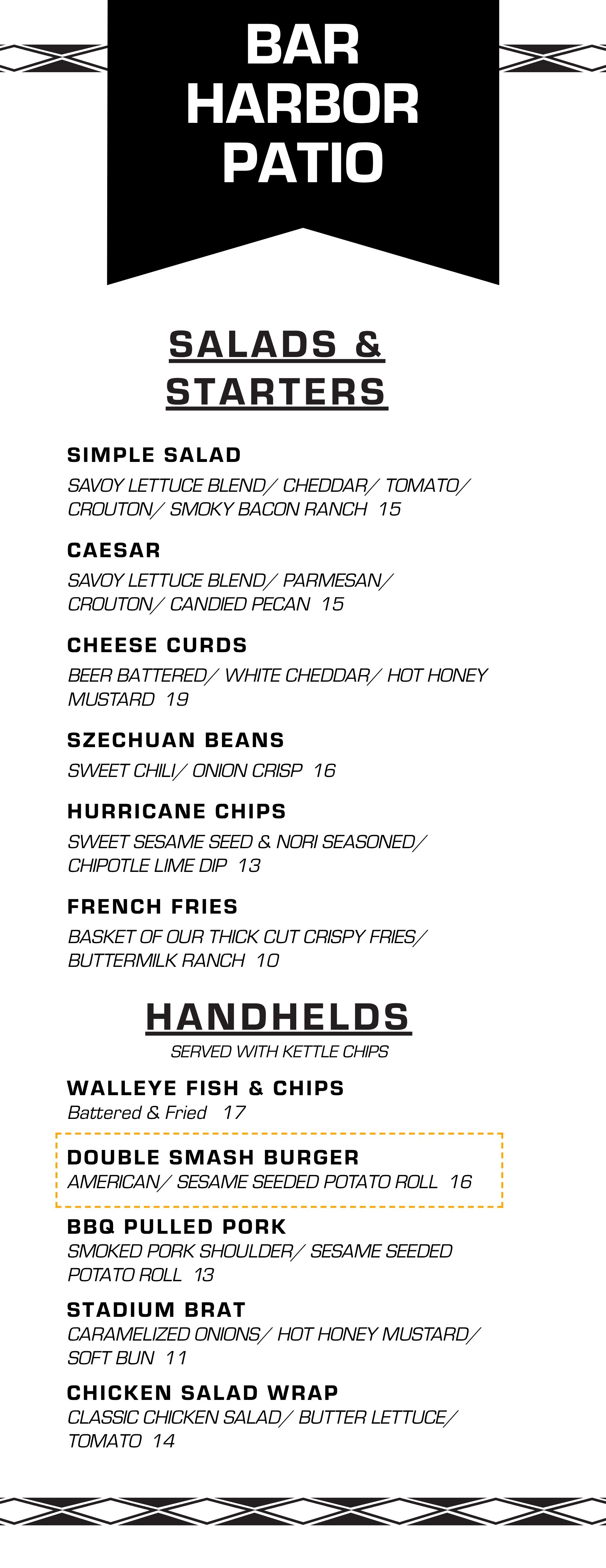 a menu with black text