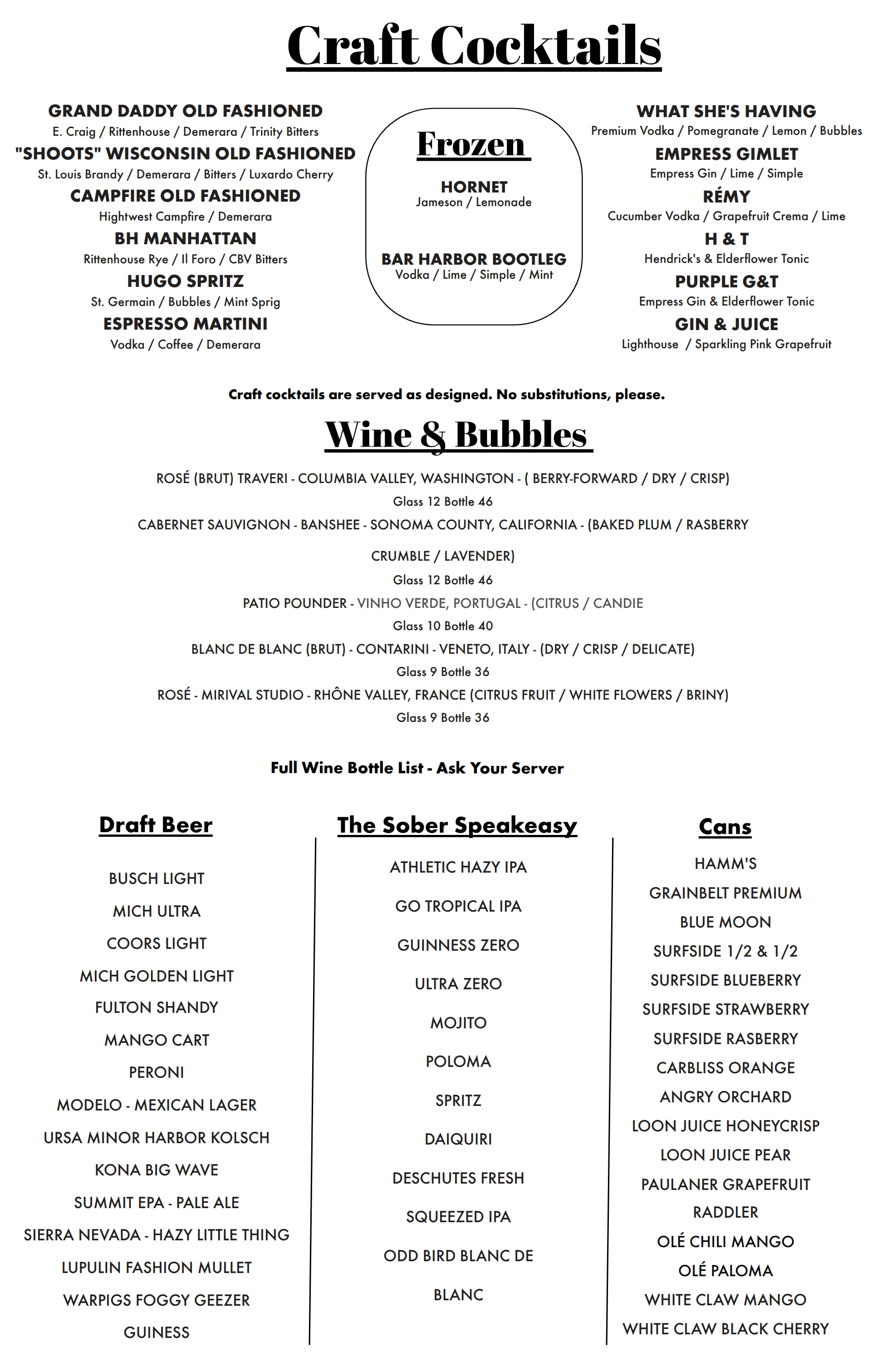 a menu of a bar