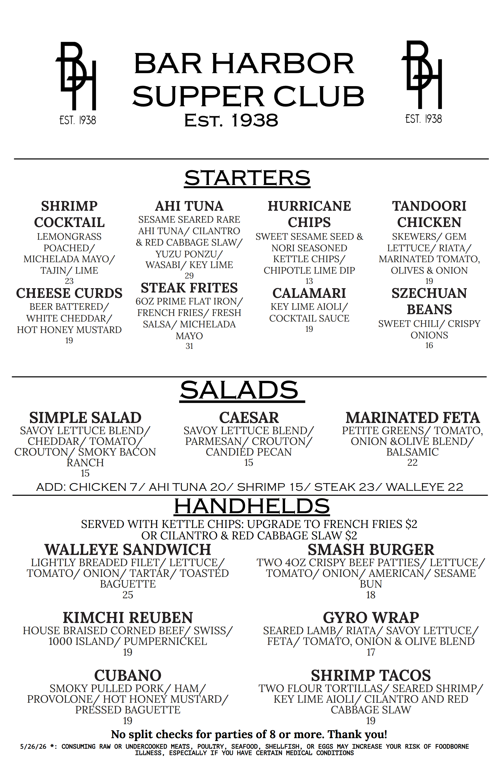 a menu with black text