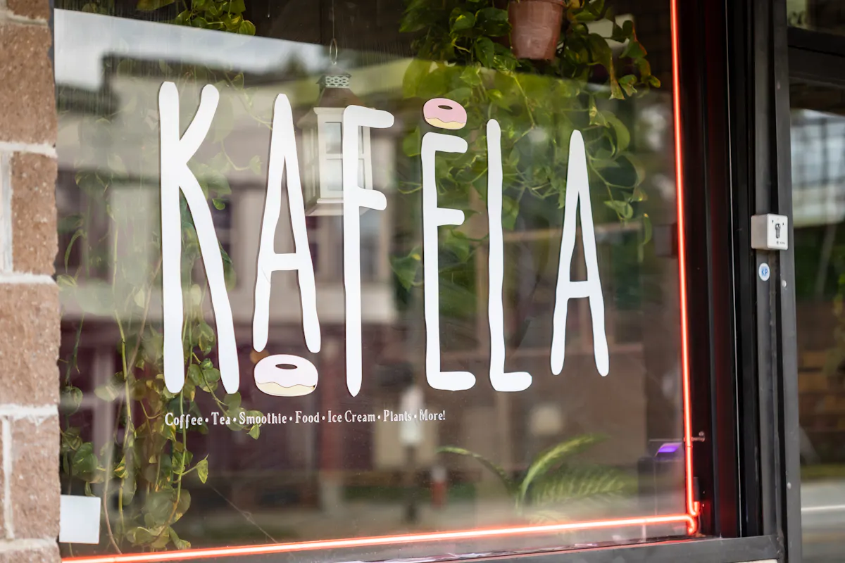 a Close up of Kafela's Window with their logo showing 