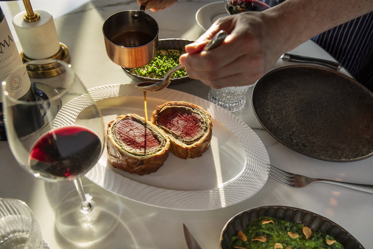A closeup of beef wellington
