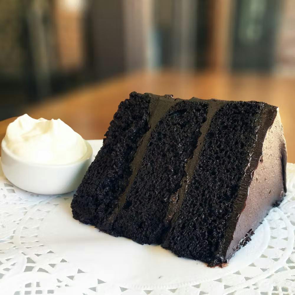a piece of chocolate cake on a table