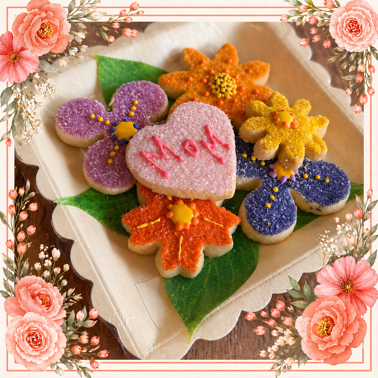 a plate of cookies with flowers and a heart