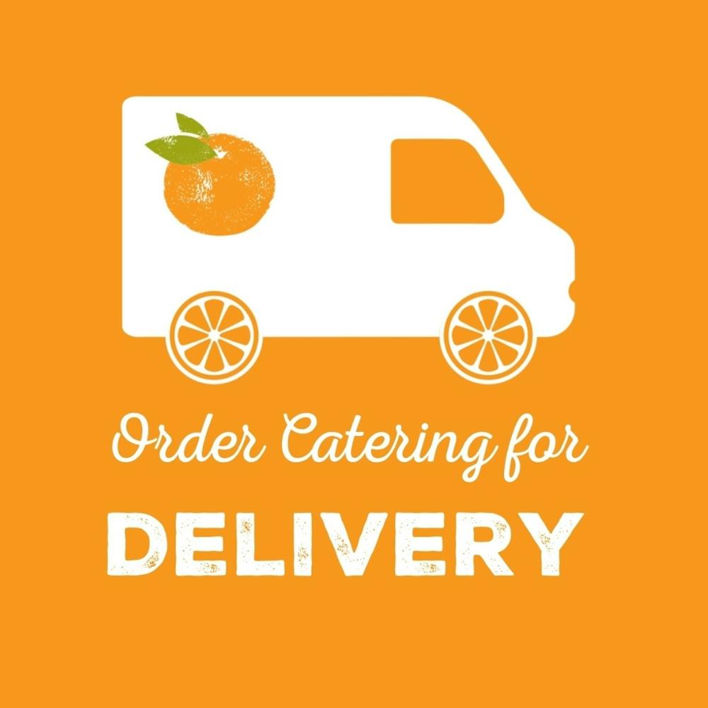 logo, company name, delivery truck on orange background