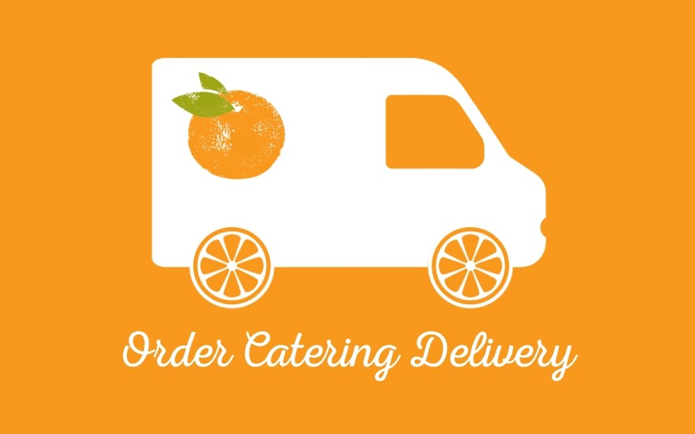 logo, company name, delivery truck on orange background