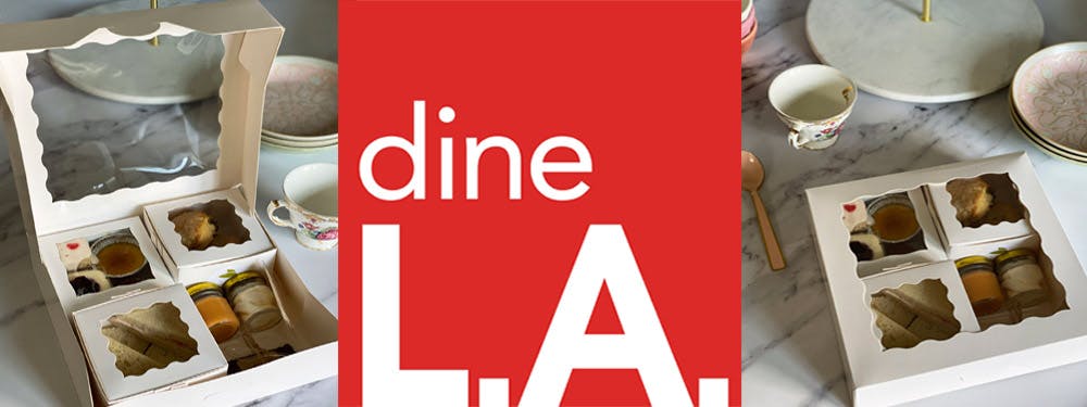 tea boxes open and closed with a dine la logo in between