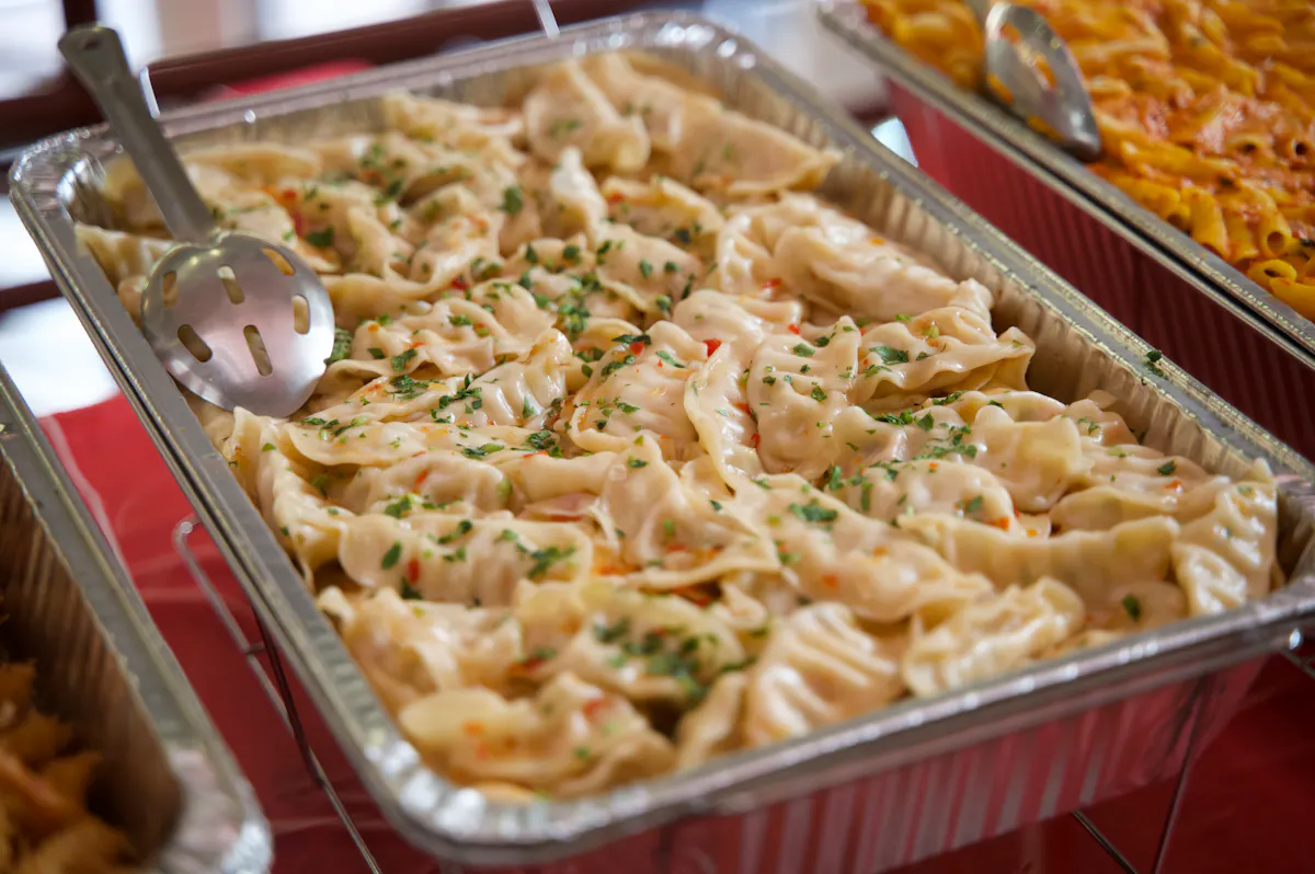 a dish is filled with food