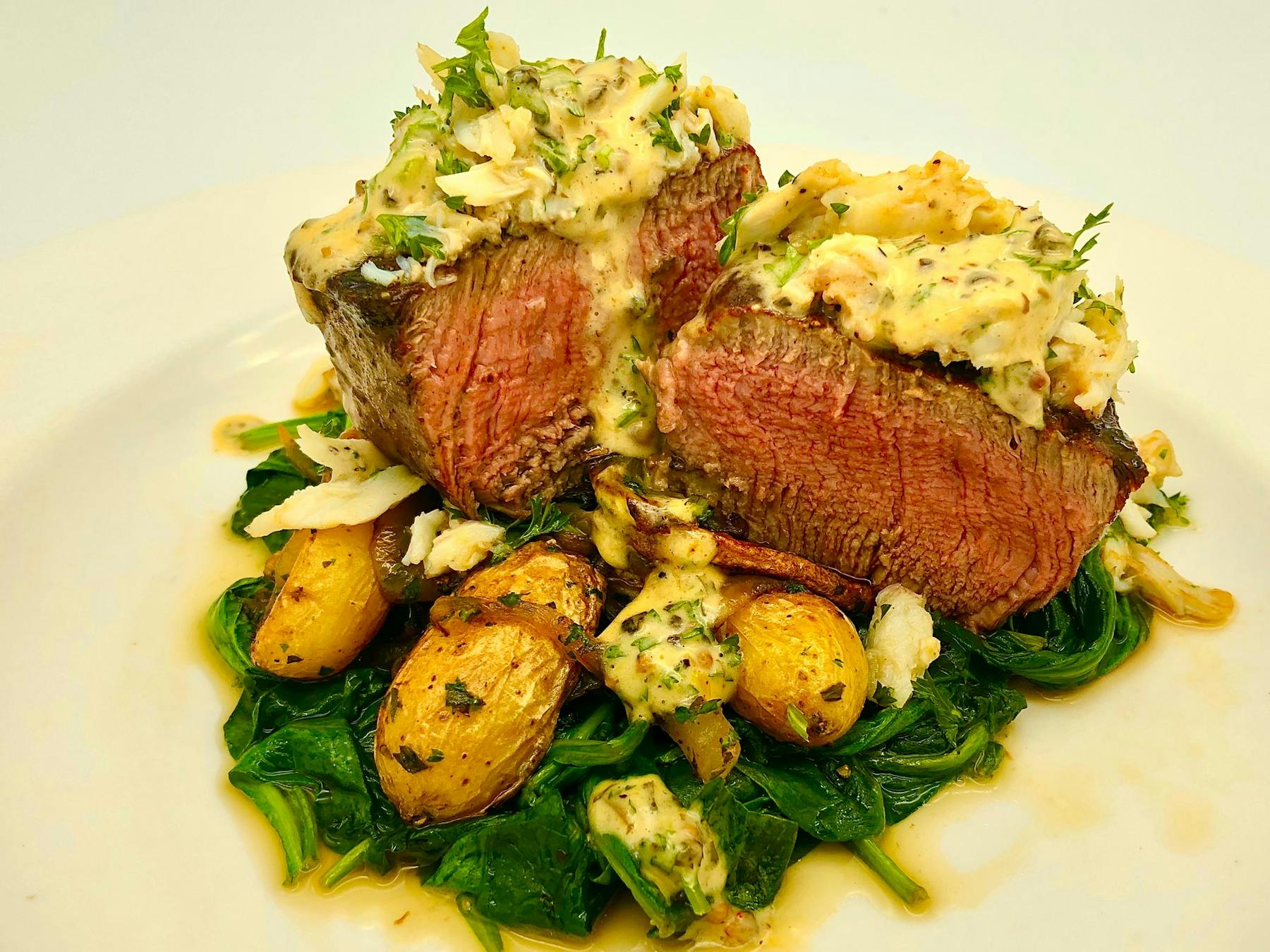 a plate with steak and potatoes