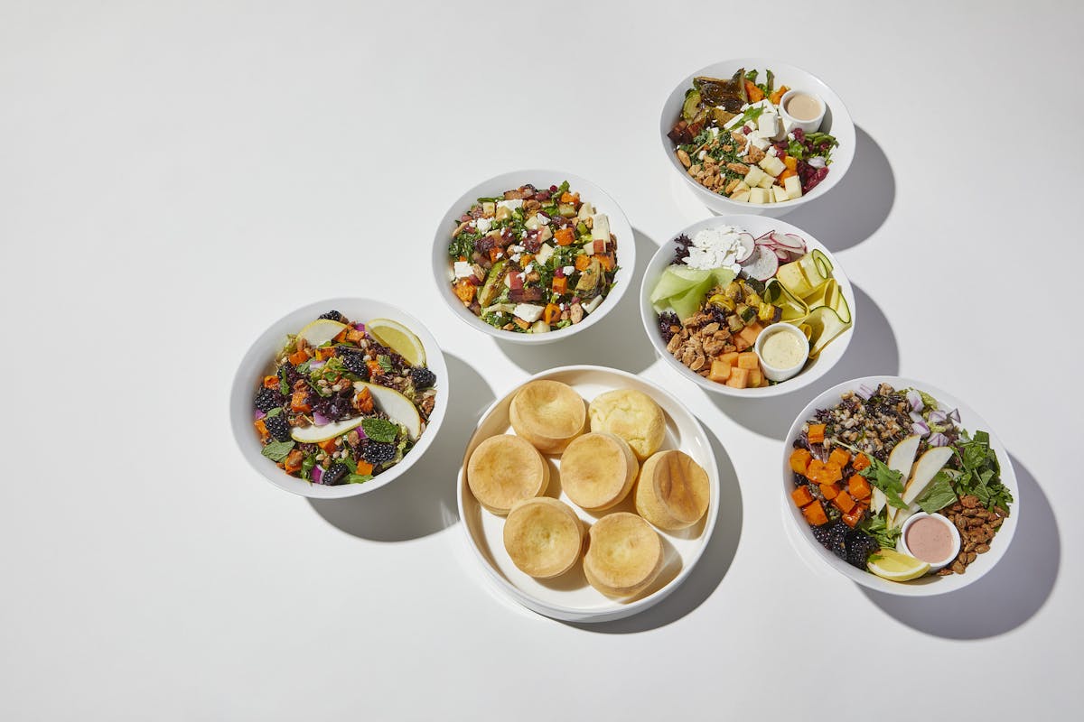 several bowls of salads
