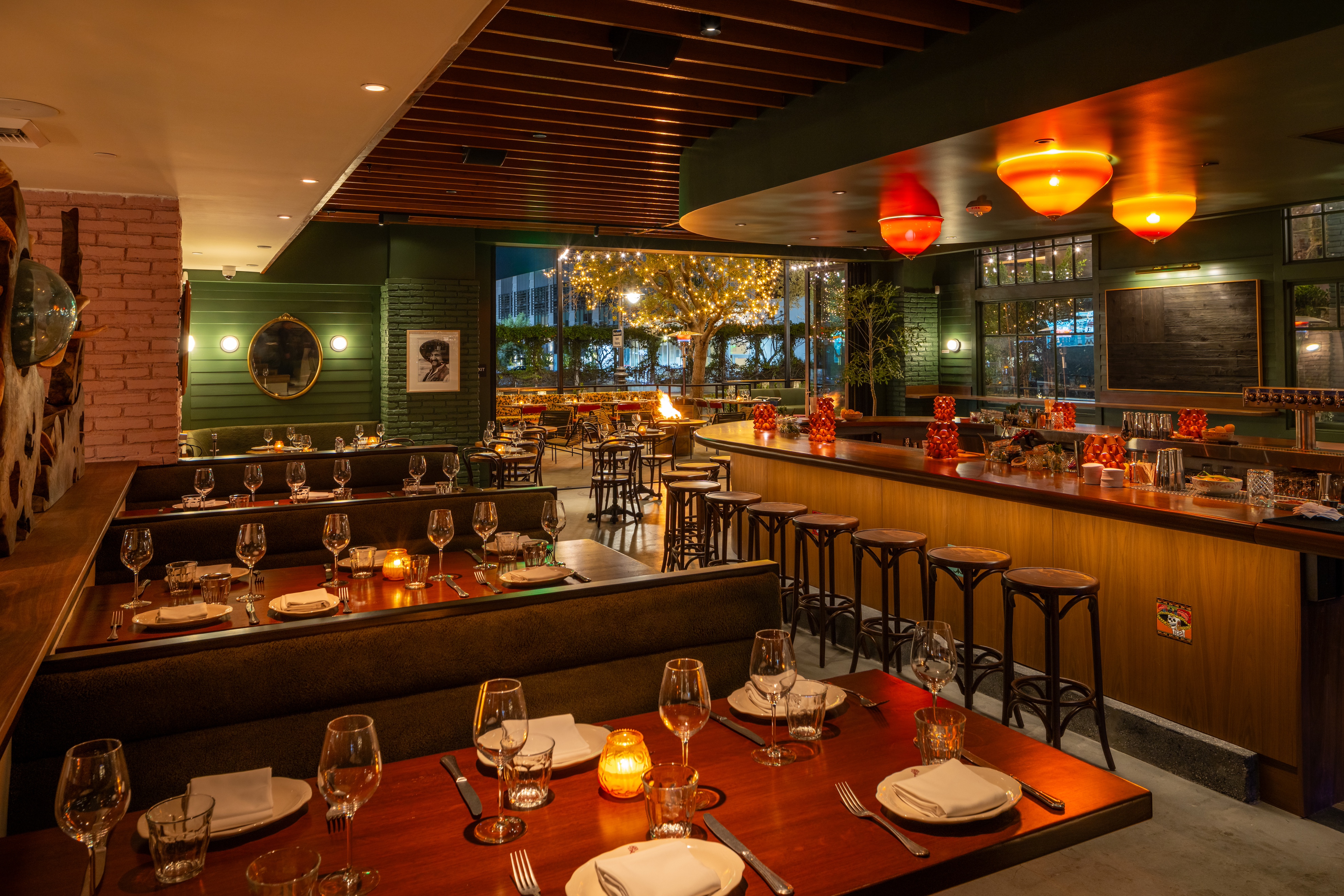 the interior of a restaurant bar