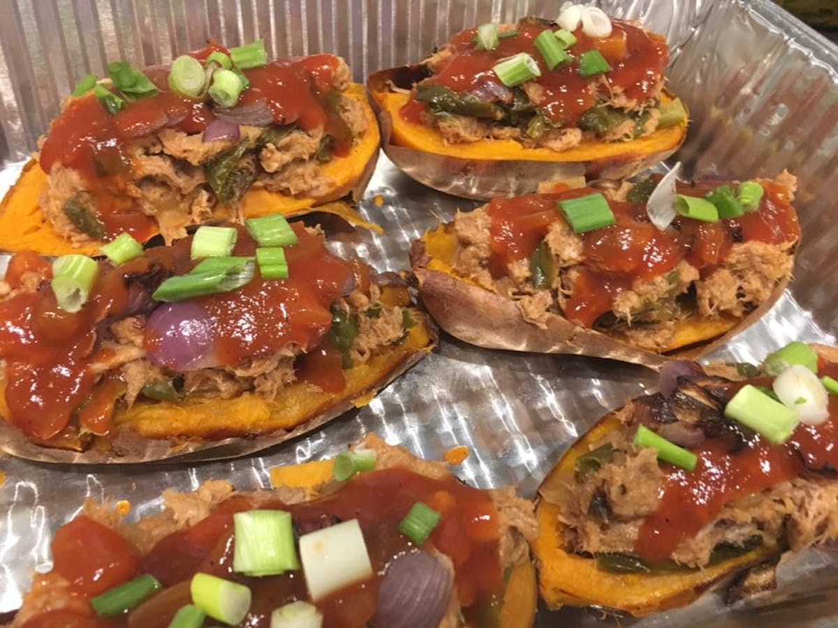 a dish is filled with food