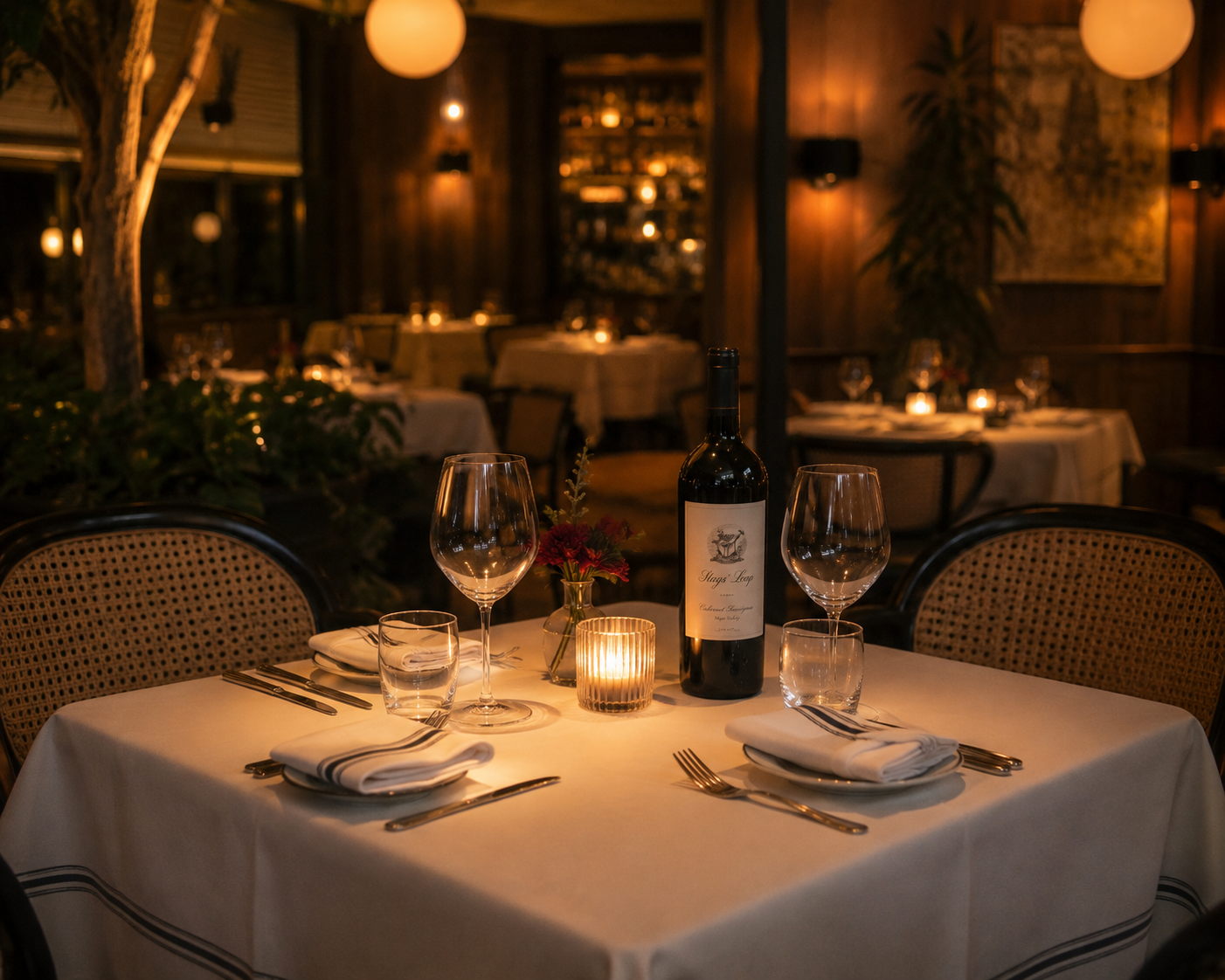A cozy upscale restaurant interior with a two-top table set for an anniversary — white linens, lit candles, two crystal wine glasses, and a recently opened bottle of red wine.