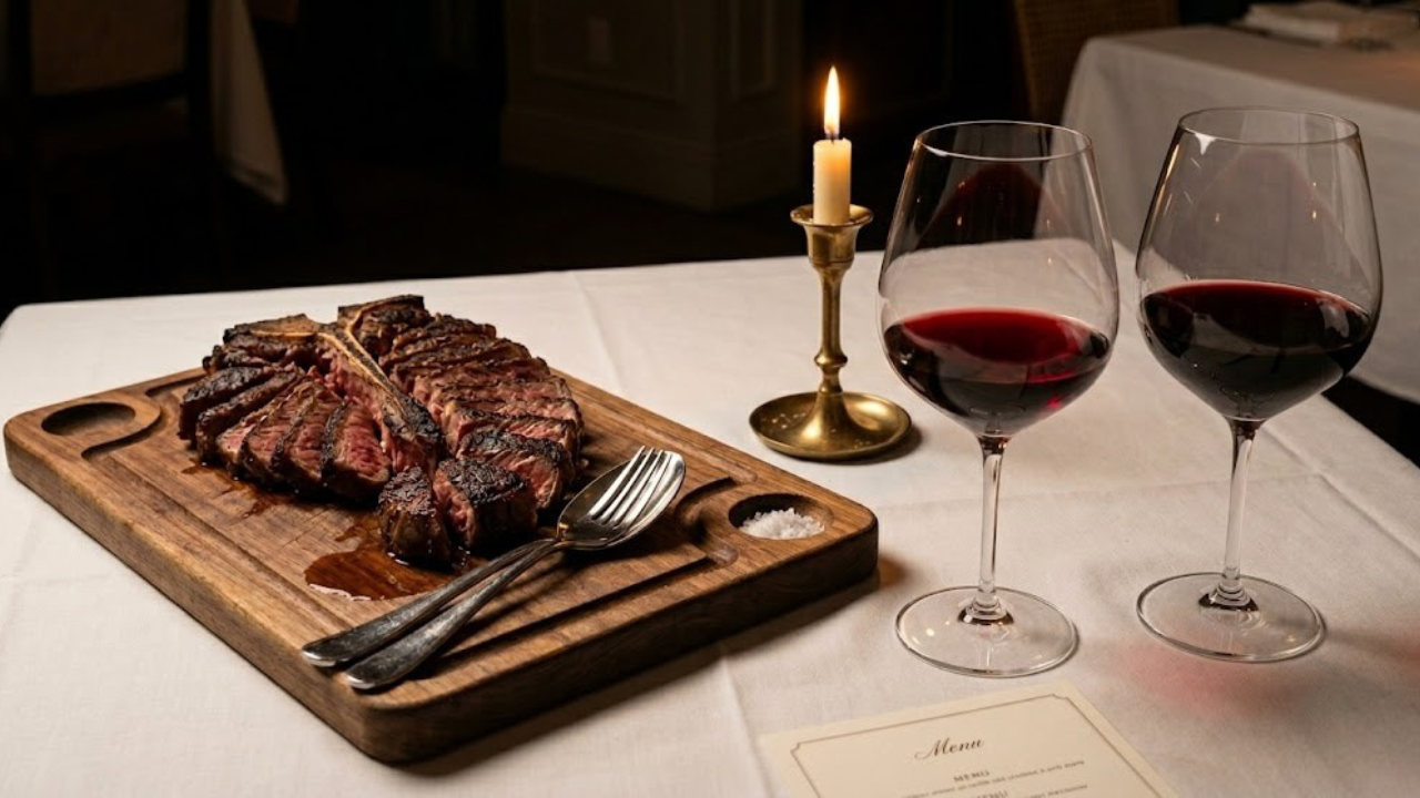 A detailed, candlelit photograph of a sharing dry-aged Porterhouse steak, sliced and served on a rustic dark wood carving board with vintage utensils and sea salt. It rests on a white linen tablecloth alongside two elegant red wine glasses, a single brass candlestick, and a menu card in a dimly lit, upscale restaurant.
