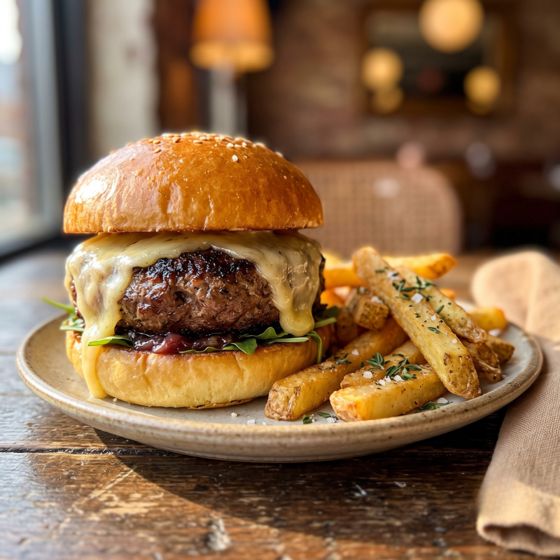 A close-up, side-profile shot of a thick, dark-seared prime beef burger. Melted Gruyère cheese drapes heavily over the edges of the patty, resting on a toasted bun with fresh greens. A side of seasoned, thick-cut french fries sits next to the burger on a light ceramic plate, set on a rustic wooden table under warm light.
