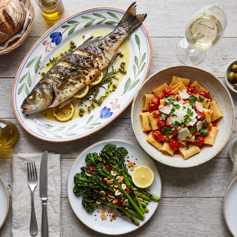 A top-down view of a rustic wooden dining table set with a vibrant spread of food. The meal features a whole grilled branzino served with sliced lemons and capers on a decorative oval platter, a rustic bowl of thick tubular pasta tossed in a rich red tomato sauce and topped with shaved cheese and fresh herbs, and a side plate of charred broccolini garnished with toasted almonds and a lemon half. A glass of white wine, a basket of crusty bread, and silverware complete the scene.