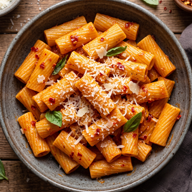 A close-up, overhead view of a rustic bowl filled with spicy rigatoni pasta. The ridged pasta is coated in a vibrant orange-red sauce and topped with grated parmesan cheese, red chili flakes, and a few small basil leaves.