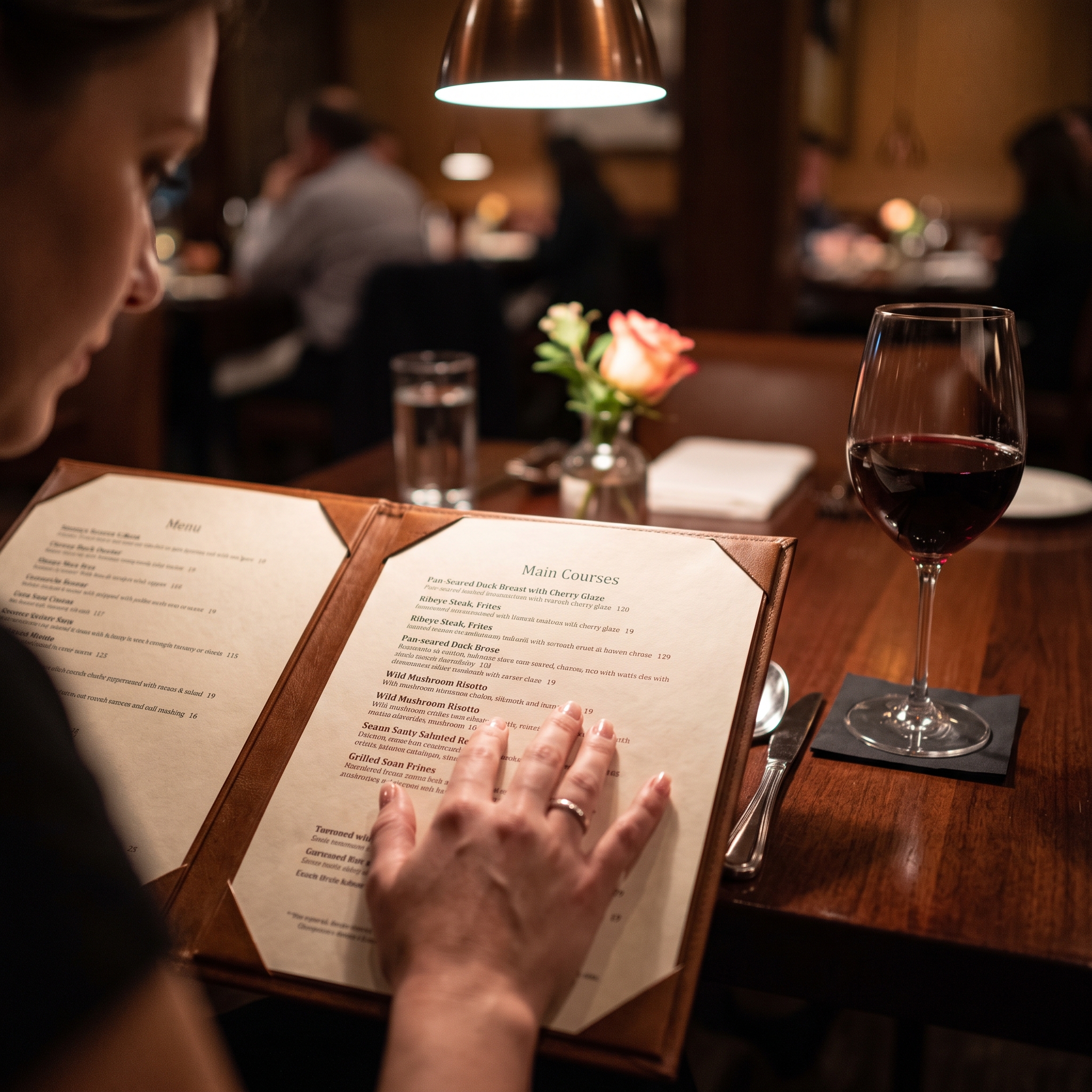 From an over-the-shoulder perspective, a woman reads a detailed 
