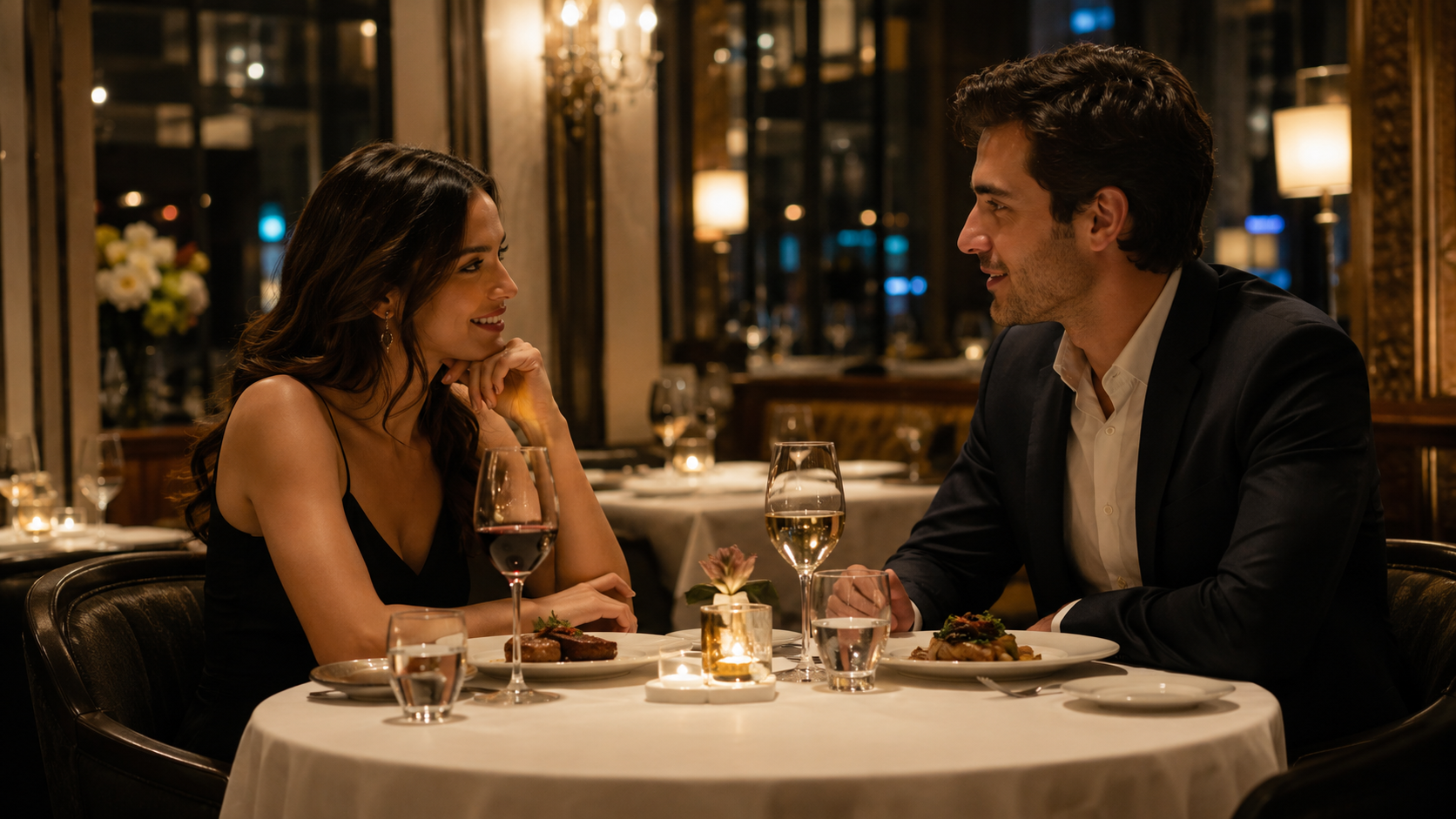 Sofia Englewood fine dining restaurant scene with a couple enjoying a candlelit date night dinner.