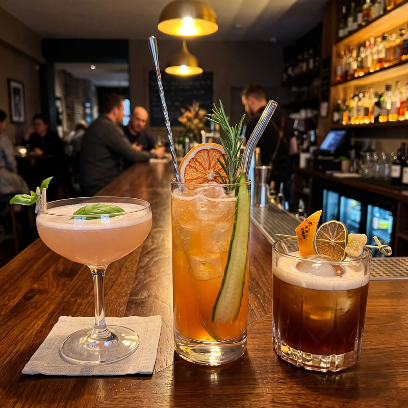 a group of drinks on a bar